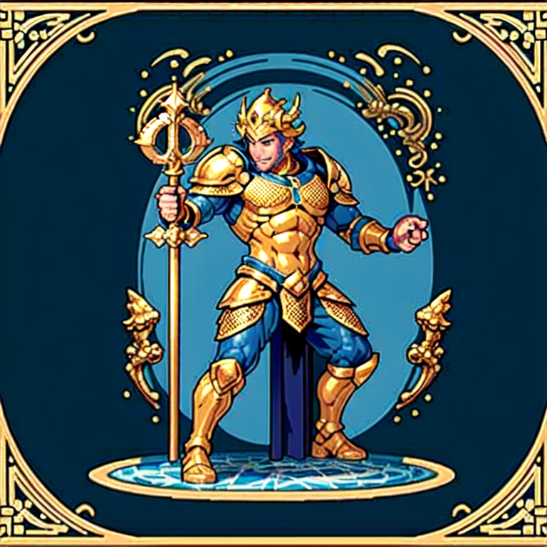 (masterpiece, top quality, best quality), pixel,pixel art,1man,golden and blue armor,poseidon,trident,punch power,full body,