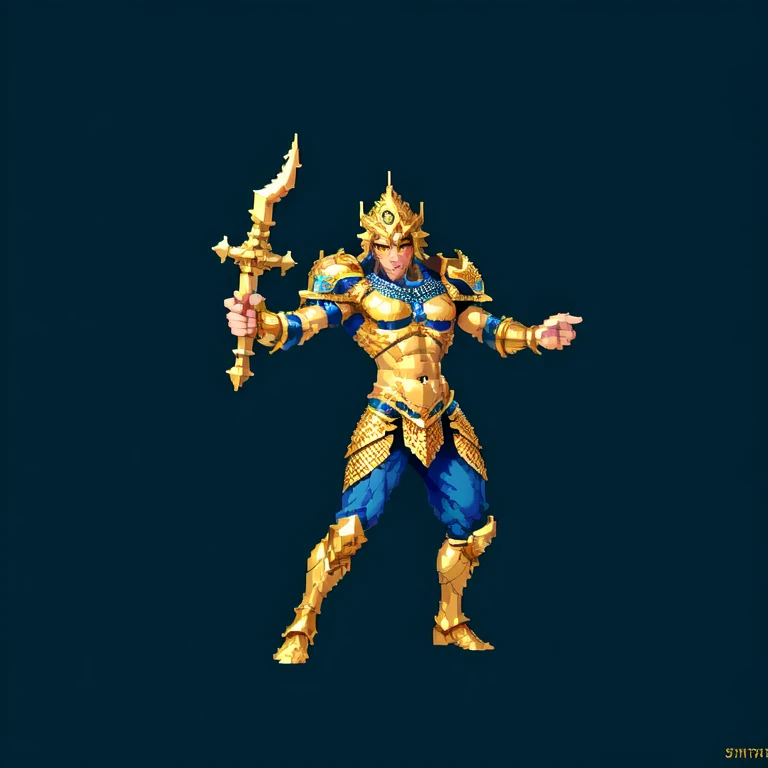 (masterpiece, top quality, best quality), pixel,pixel art,1man,golden and blue armor,poseidon,trident,punch power,full body, 
 