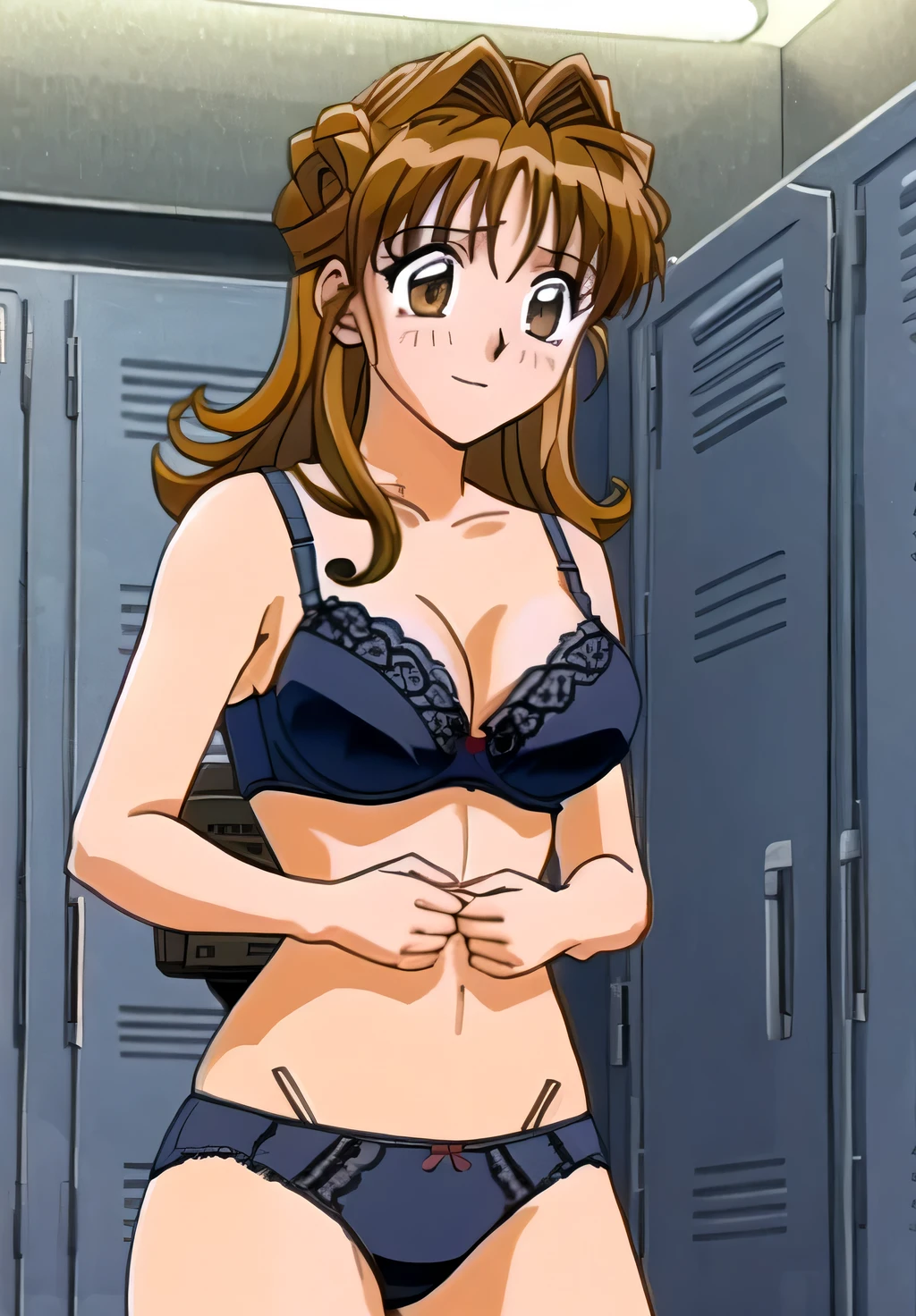 Maron,Browsing Caution,(((Lace Underwear))),((((Wear a navy blue lace bra)))),topless,pupil_Brown,Embarrassing, Open your mouth,smile,avert your eyes,((locker room)),masterpiece, expensive_quality, very_expensive_solve, big_file size, Full Color,