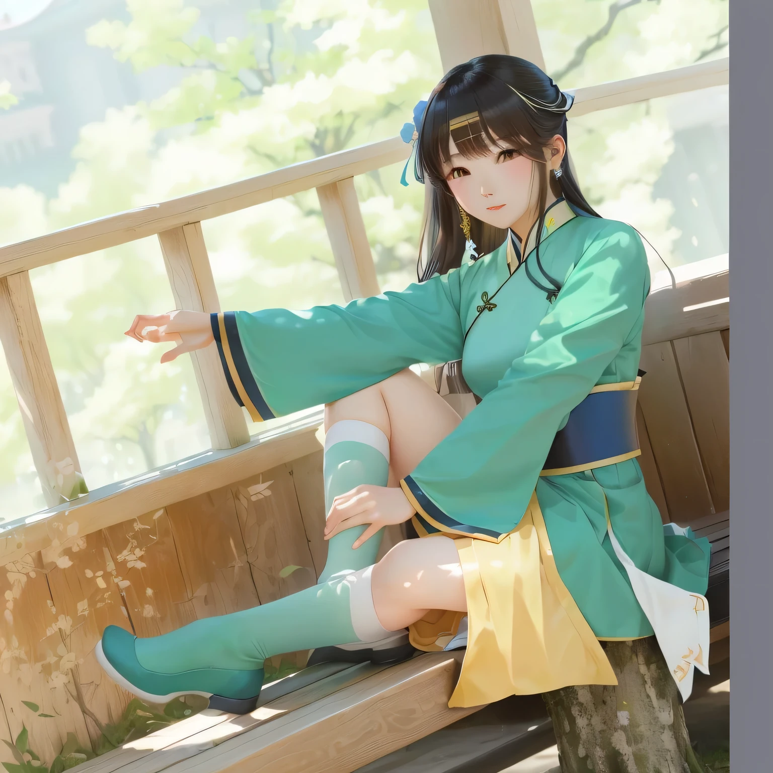 Anime girl sitting cross-legged on a bench, Produced in collaboration with Anime Painter Studio, In the anime painter studio, Inspired by Palace Chuanchunshui, palace , Girl wearing Hanfu, inspired by Cao Zhibai, Anime girl squatting, Beautiful anime girl squatting, Inspired by Ma Yuanyu, Official Fanart, Inspired by trees