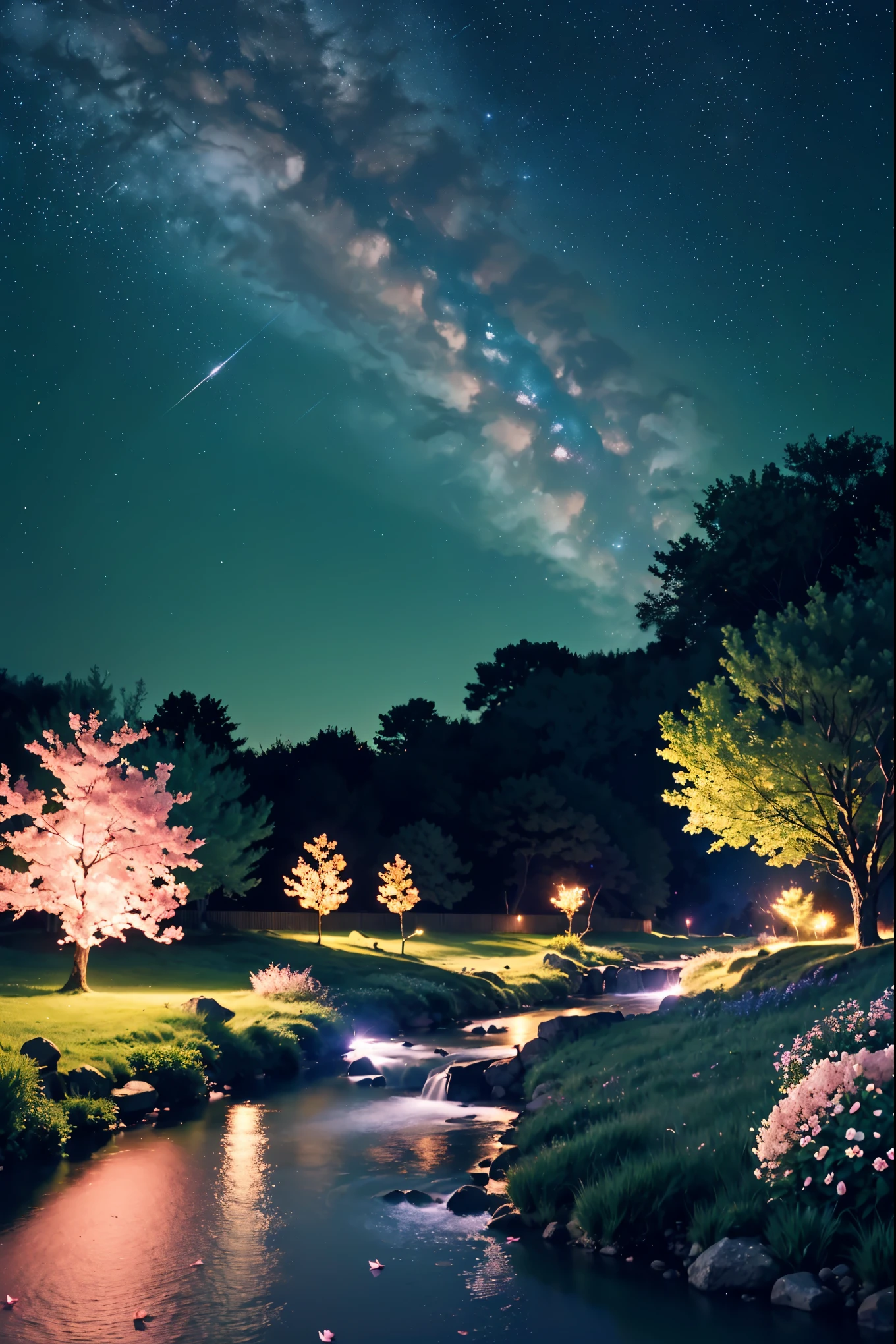 (Magical beautiful night sky green stream overlay scene), (Sky Porn), (cloud), Soft lighting, Clean background, Beautiful views, Tabletop, high quality, Beautiful graphics, Attention to detail, Spectacular landscapes, garden, Flowers, cloud, (Night starry sky, River behind, Huge old tree behind, Shiny pink petals fall down your back)