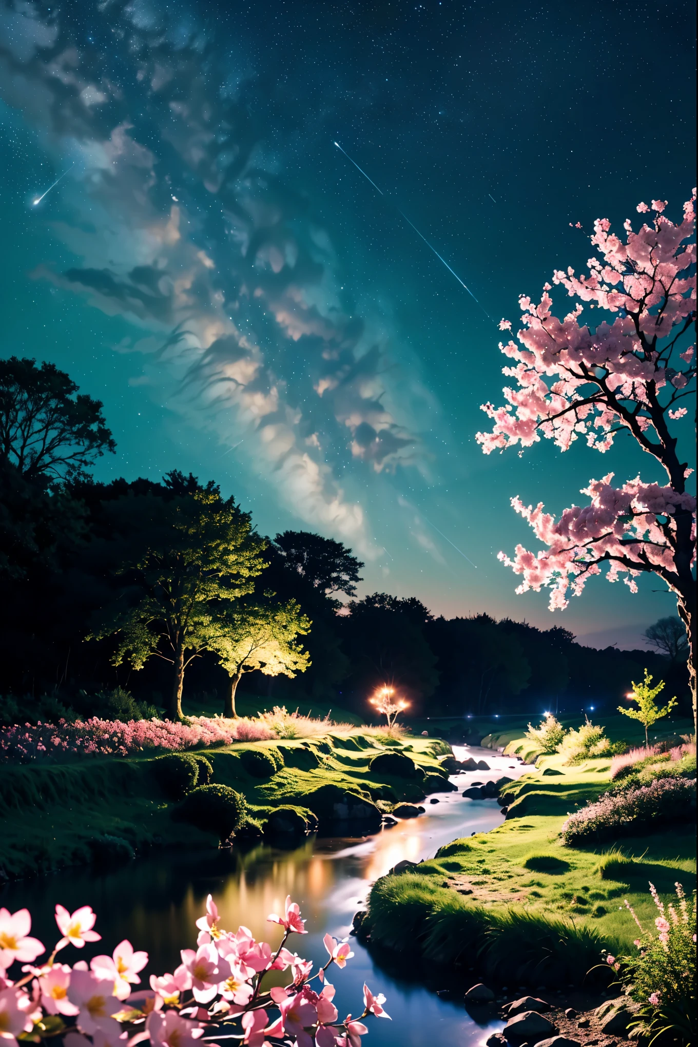 (Magical beautiful night sky green stream overlay scene), (Sky Porn), (cloud), Soft lighting, Clean background, Beautiful views, Tabletop, high quality, Beautiful graphics, Attention to detail, Spectacular landscapes, garden, Flowers, cloud, (Night starry sky, River behind, Huge old tree behind, Shiny pink petals fall down your back)