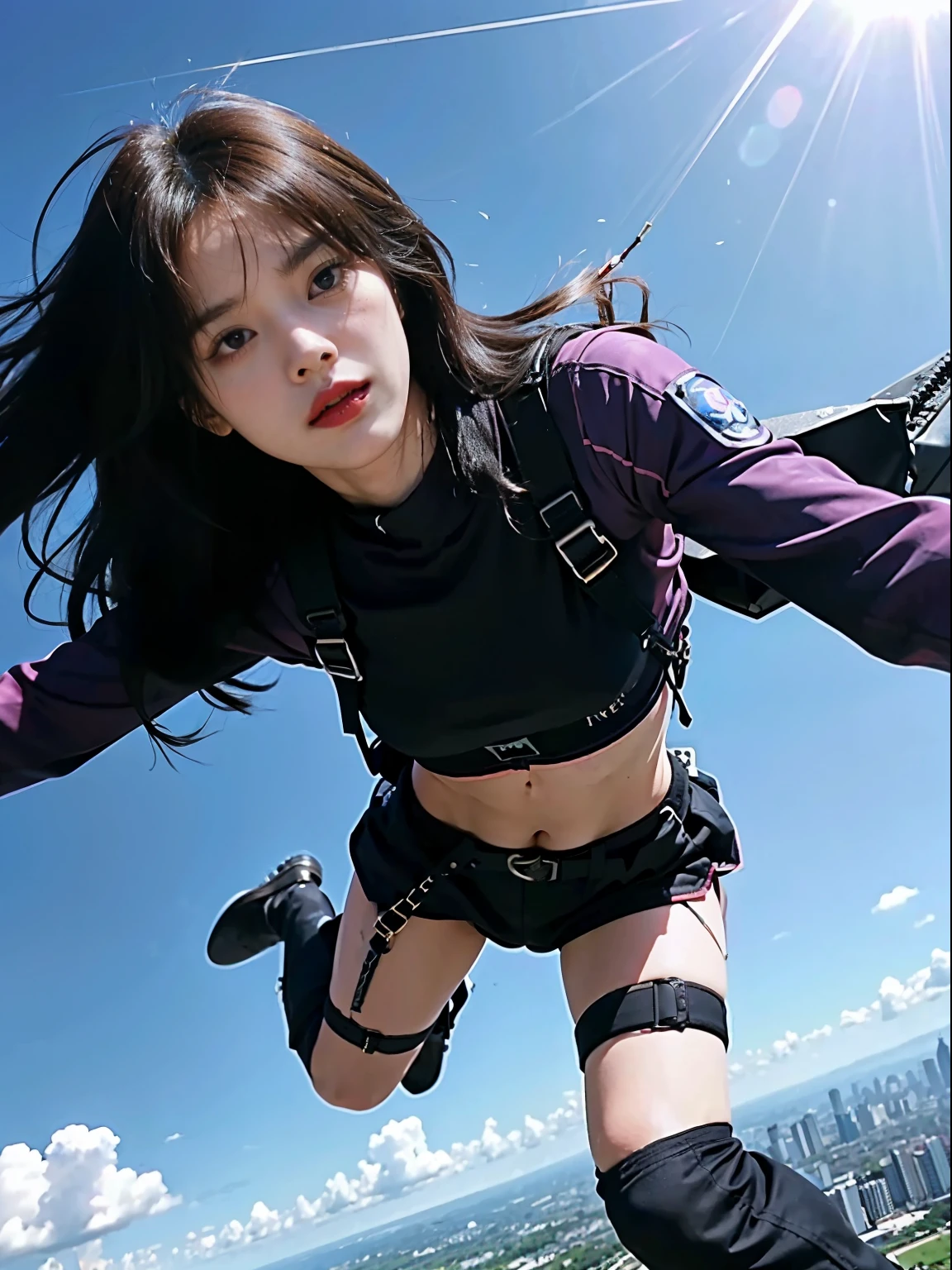 Jump skydiving on plane scene, black pink Lisa parachuting with long hair flying in a mess, black police uniform, harness, flowing pink miniskirt, in a panoramic view, anatomically correct, above knee portrait photo, very realistic, material reflective and dispersive. Dispersion of light and sunlight, and clouds high detail, high quality