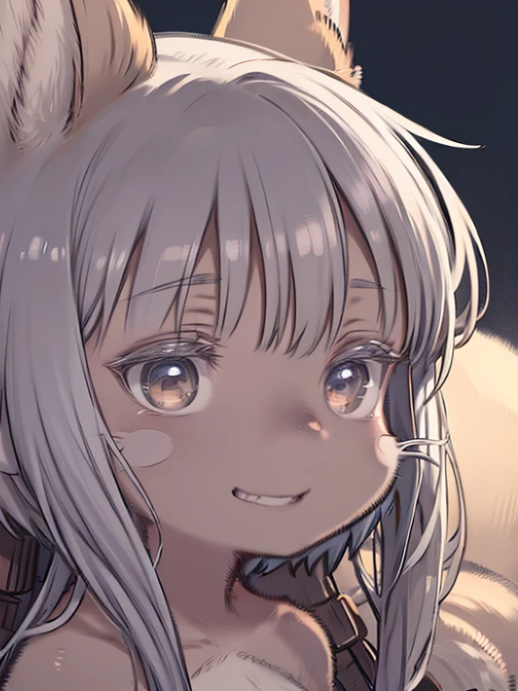 beautiful, masterpiece, highest quality, Highly detailed face, Perfect lighting, Close-up of face、Grin, Proud expression, Gray Hair, feet, fur, furry, fluffy, Nanachi 、(Made in Abyss)