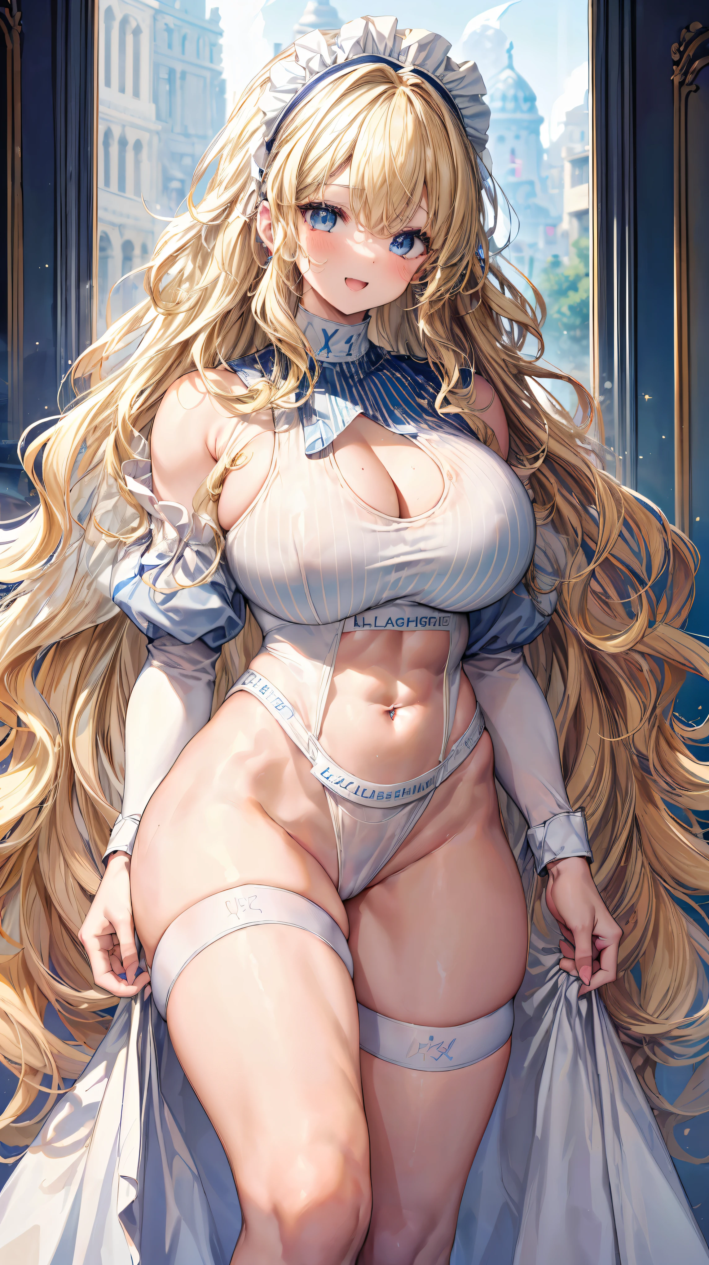 Super detailed、highest quality、Best image quality、masterpiece、8K、Anime Face、A kind smile、Open Mouth、Sparkling Blue Eyes、(Long blonde wavy hair:1.5)、Heavy bangs、Wearing a maid headband、(SFW huge body)、Cowboy Shot、(Wearing a white thong:1.5)、Muscles of the whole body、Knee-high