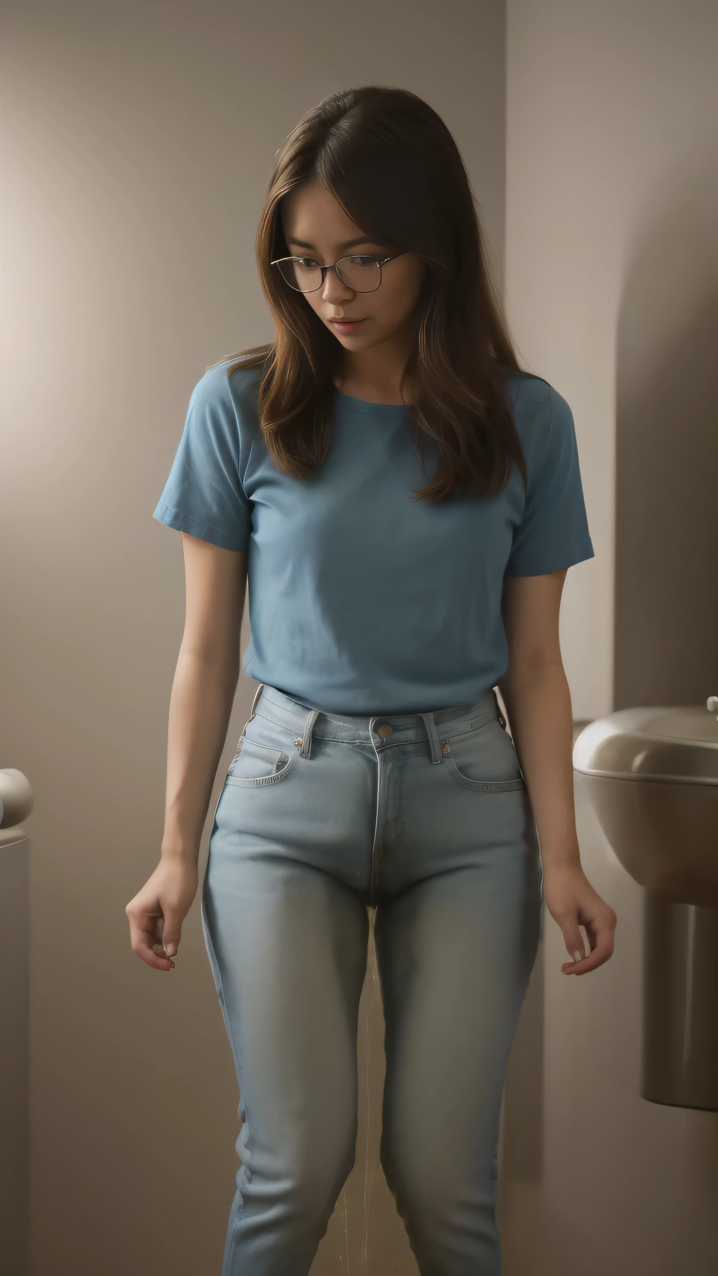 A girl with a Malay face, approximately 22 years old, is depicted in an bathroom setting, sitting on the closet. She is wearing light blue jeans and a maroon red t-shirt. The girl is wearing glasses and can be seen in the process of peeing. (urination:1.5). The medium used to create this artwork is oil painting, which adds a unique texture and style to the piece. Additionally, the level of realism is enhanced with a strength of 1.37, ensuring that the details are accurately portrayed. The overall image quality is of the highest standard, with a focus on producing a 4K or 8K ultra-detailed masterpiece. The lighting is meticulously crafted in a studio setting, allowing for precise highlights and shadows. The colors in the artwork are vibrant and vivid, further enhancing the visual impact. The technique of physically-based rendering is employed to realistically simulate the materials and lighting effects.