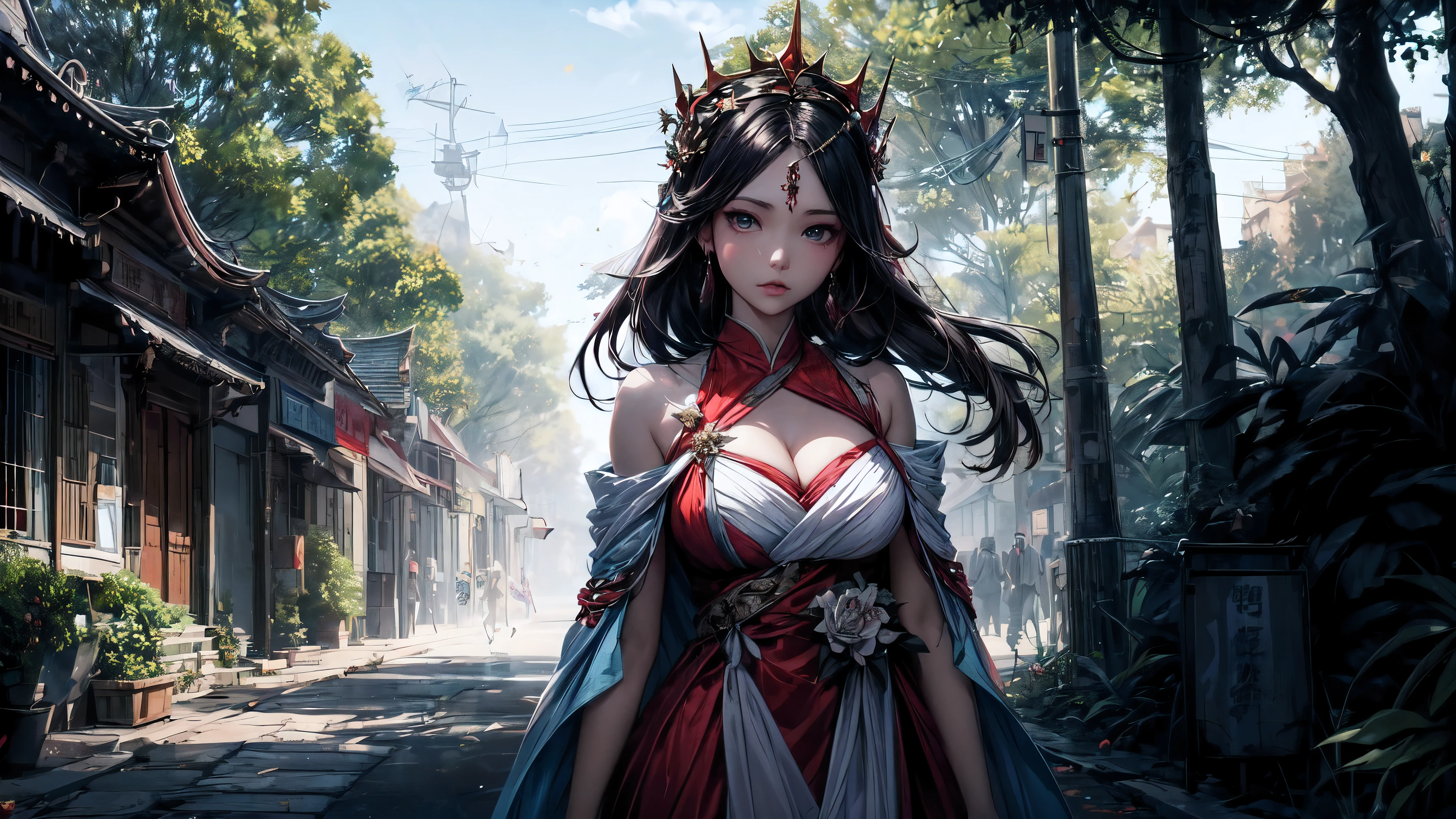 (best quality,4k,8k,highres,masterpiece:1.2),ultra-detailed,(realistic,photorealistic,photo-realistic:1.37),a girl in a red dress walking on the city street, [2 girls]beautiful detailed eyes,beautiful detailed lips,extremely detailed eyes and face,long eyelashes,3D CGI anime fantasy artwork by Guweiz, Guweiz-style artwork, anime goddess, beautiful anime woman, artwork by Guweiz on Pixiv ArtStation, beautiful fantasy queen, artstation pixiv by Guweiz, artist: Yang Jie, vibrant colors in Guweiz art, dreamy atmosphere, natural lighting, flowing hair, lively background scenery, bustling city streets, urban landscape, charming expression, confident posture, magical vibe