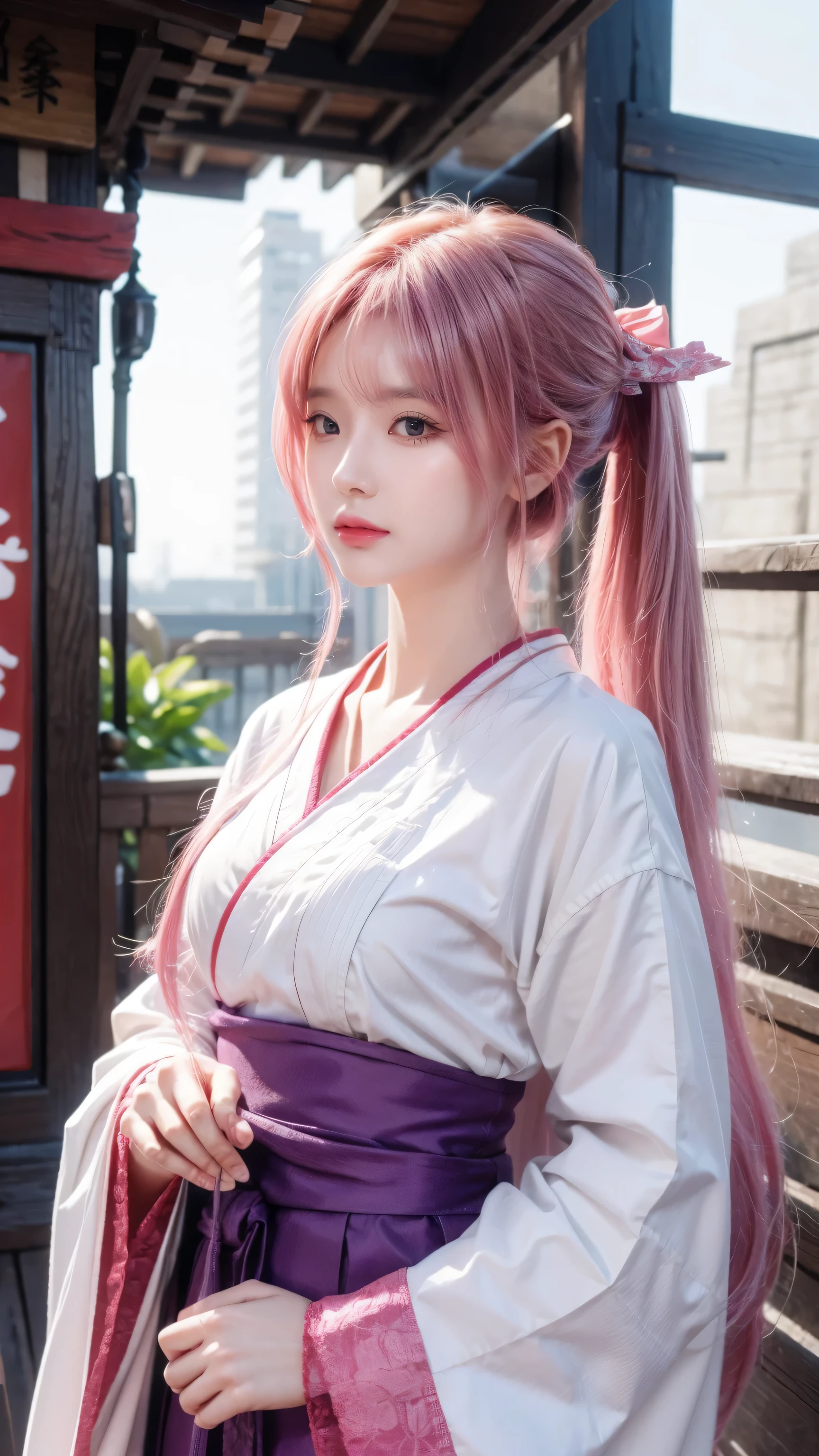Yae Shrine Maiden, Pink Hair, Purple Eyes, Shitao art style