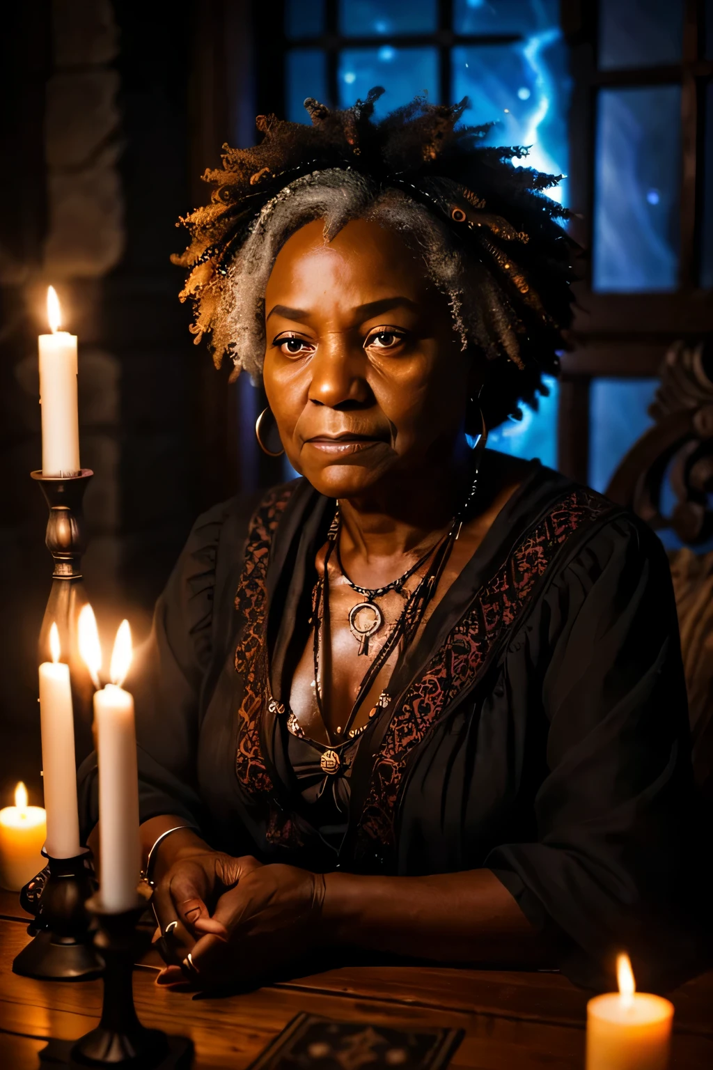 
"A mystical old black  woman sits at a weathered table, surrounded by the soft glow of candlelight and the scent of burning sage. Her wrinkled hands gently shuffle a deck of tarot cards, their ancient symbols whispering secrets only she can hear. With a gaze as penetrating as the depths of the universe, she fixes her eyes upon the viewer, as if peering into the very soul. In this mystical ambiance, where time seems to stand still, her presence exudes an aura of ancient wisdom and enigmatic power. What truths lie hidden in the cards she holds? What revelations await those who dare to meet her unwavering gaze?" light room
