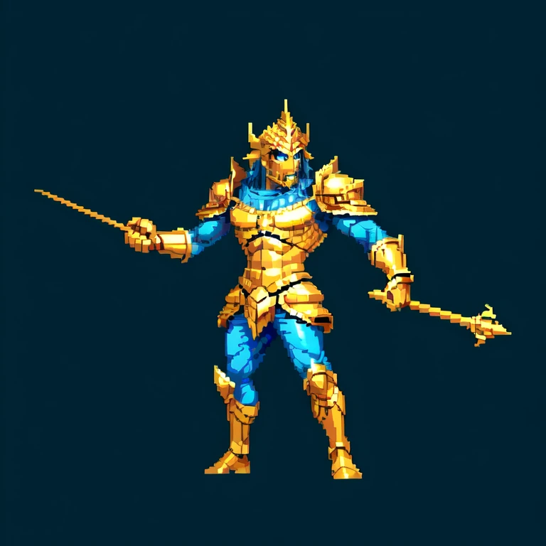 (masterpiece, top quality, best quality), pixel,pixel art,1man,golden and blue armor,poseidon,trisula,punch power,full body,
