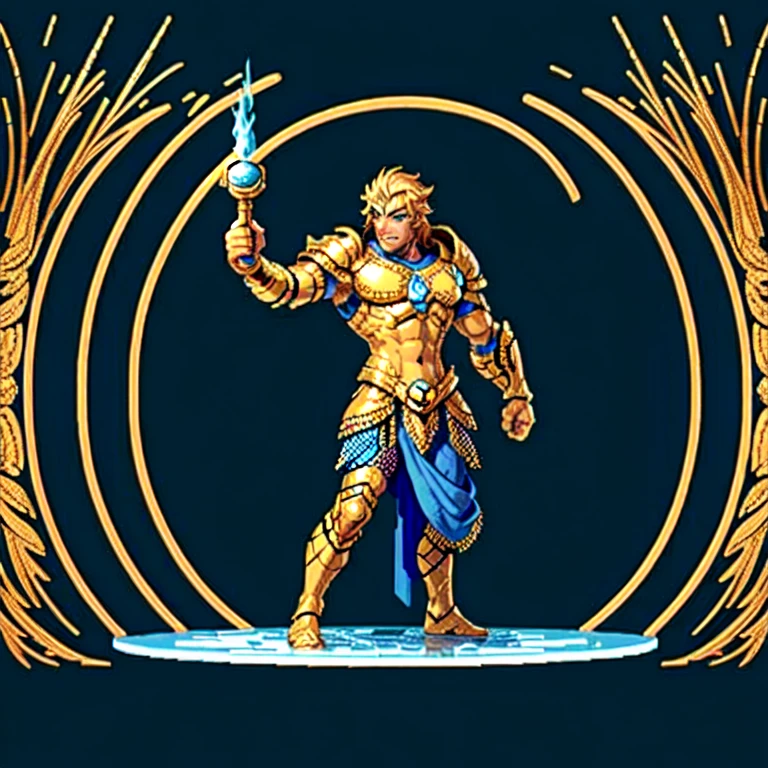 (masterpiece, top quality, best quality), pixel,pixel art,1man,golden and blue armor,poseidon,trisula,punch power,full body, 
 