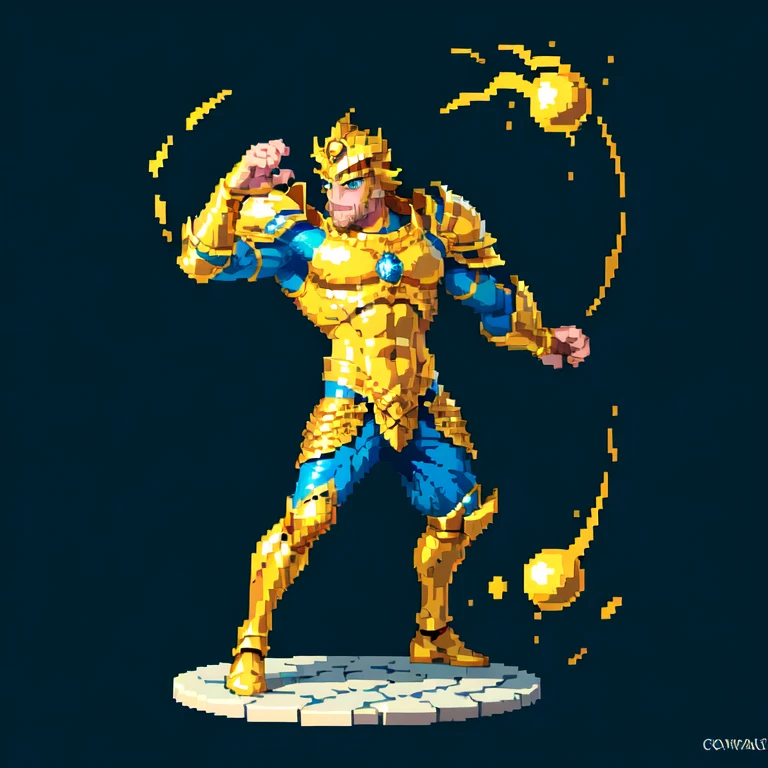 (masterpiece, top quality, best quality), pixel,pixel art,1man,golden and blue armor,poseidon,trisula,punch power,full body,