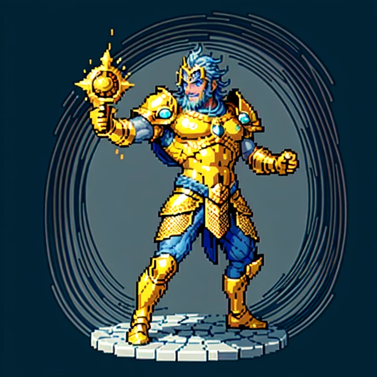 (masterpiece, top quality, best quality), pixel,pixel art,1man,golden and blue armor,poseidon,trisula,punch power,full body,