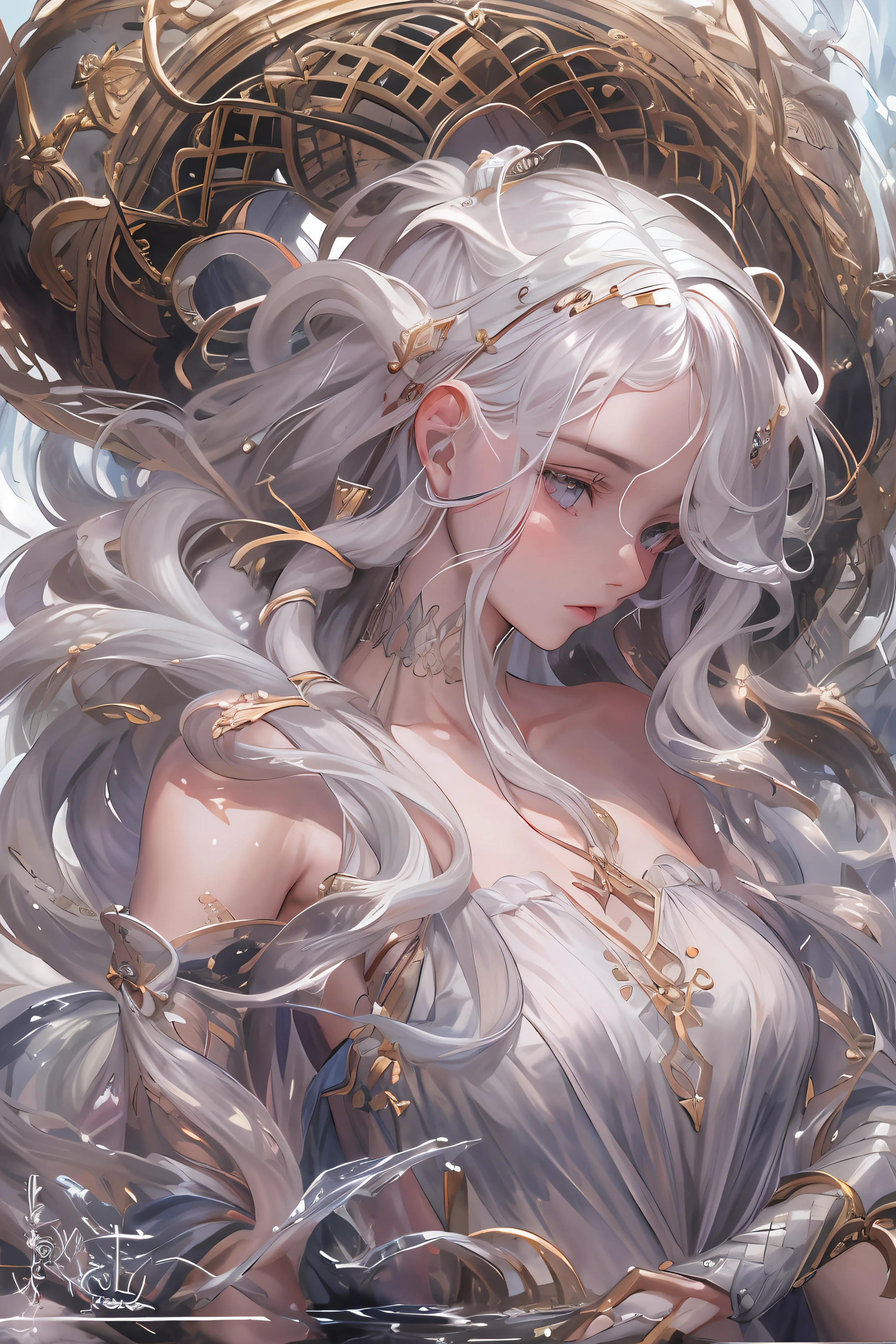 Marble statue of the goddess of the moon、Full body like、silber hair、Putting hair together、finely eye and detailed face、(barechested:1.4)、Very large 、long drooping milk、Pointed areola、 and nimasterpieceontrast、cinematlic lighting、Detailed shading、top-quality、Top image quality