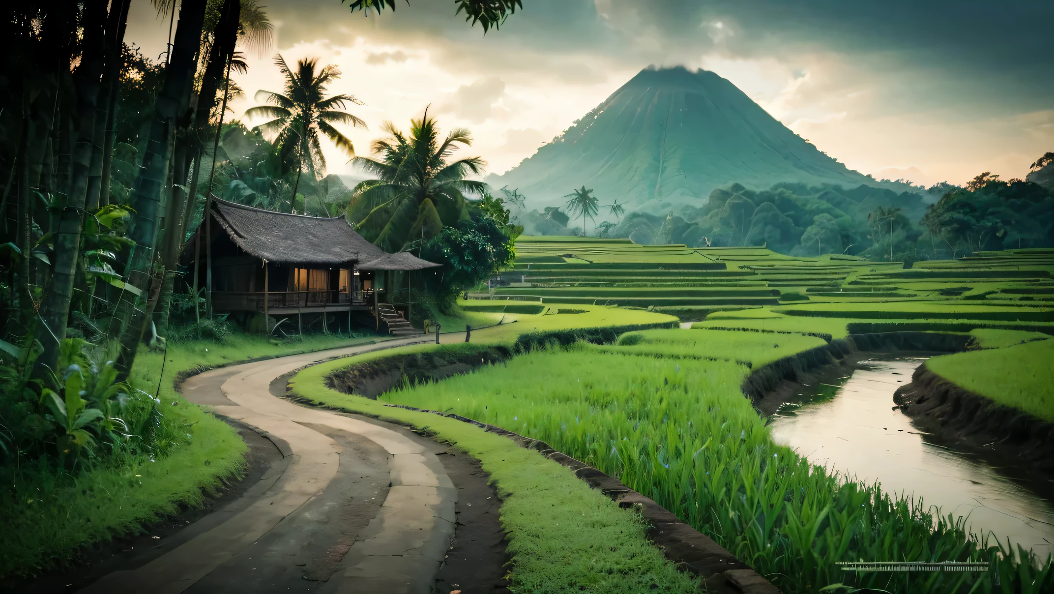 Pemandangan di Jawa barat tahun 1800, rumah kayu sederhana di tepi sungai yang deras berbatu yang air nya biru. banyak rumpun bambu besar, pohon-pohon tropis besar dan lebat, foliage yang rimbun, bark, ada pohon yang mati, ada daun yang menguning. latar belakang gunung berapi berkabut, cahaya matahari yang dramatis, muted pallete color.