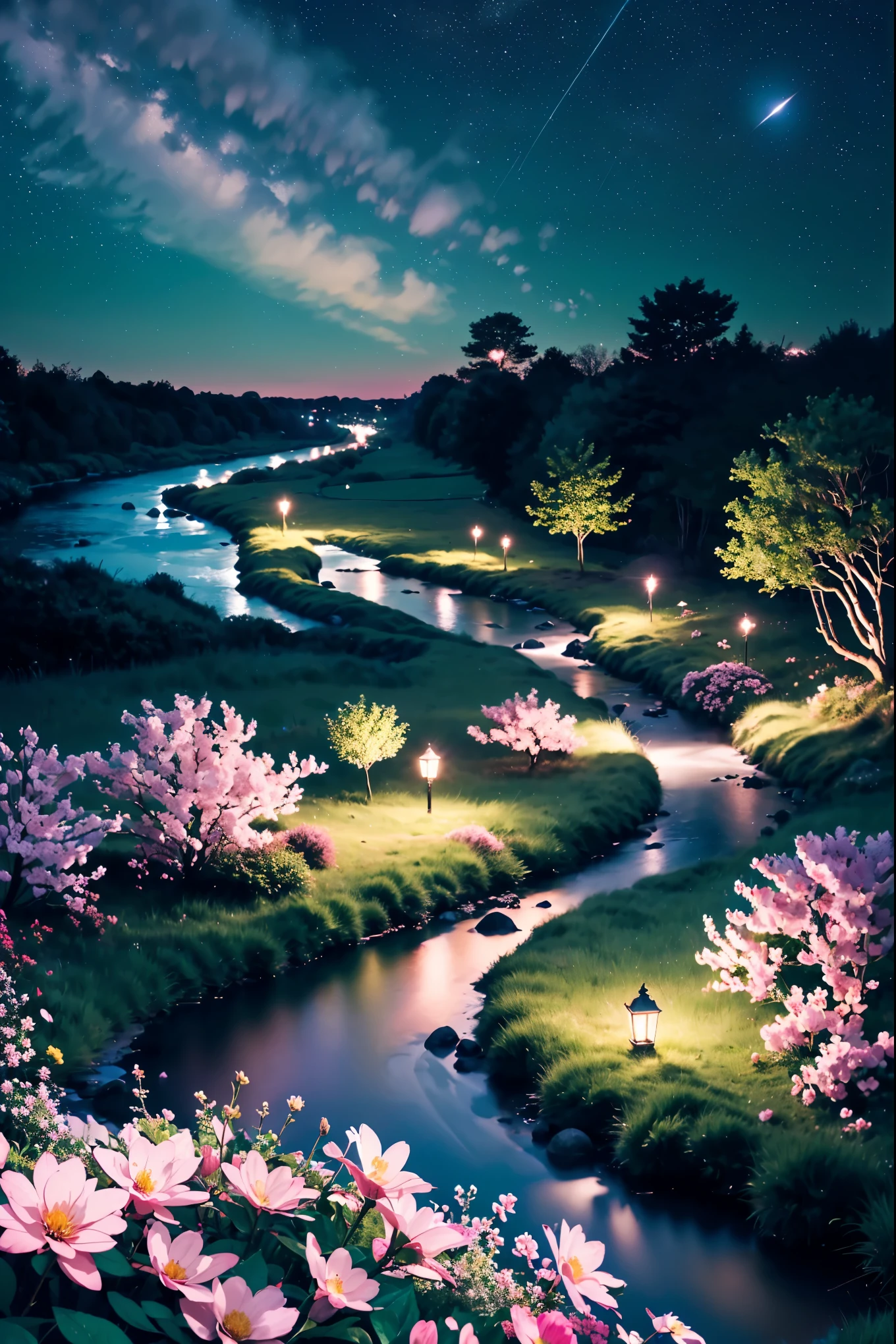 (Magical beautiful night sky green stream overlay scene), (Sky Porn), (cloud), Soft lighting, Clean background, Beautiful views, Tabletop, high quality, Beautiful graphics, Attention to detail, Spectacular landscapes, garden, Flowers, cloud, (Night starry sky, River behind, Huge old tree behind, Shiny pink petals fall down your back)