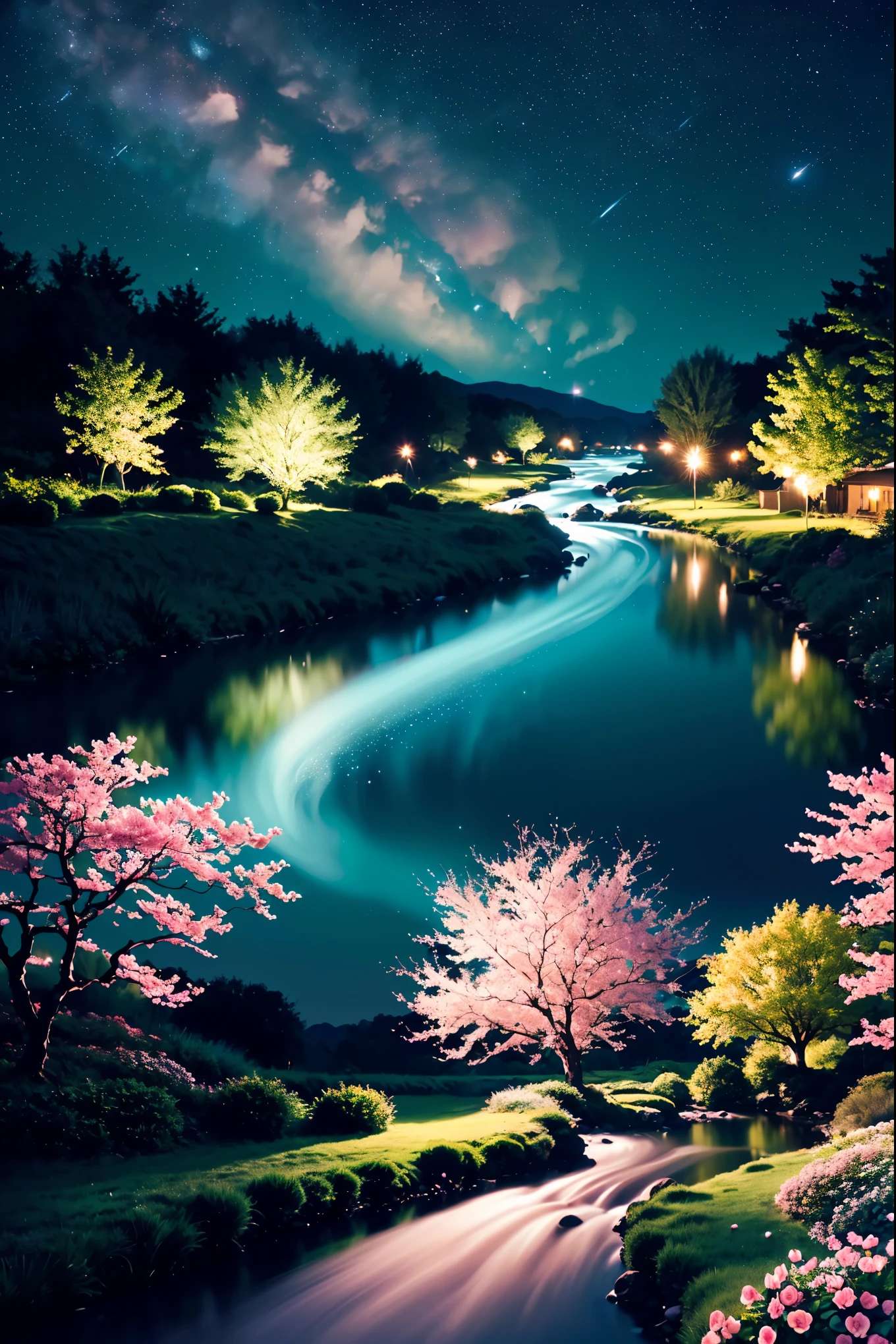 (Magical beautiful night sky green stream overlay scene), (Sky Porn), (cloud), Soft lighting, Clean background, Beautiful views, Tabletop, high quality, Beautiful graphics, Attention to detail, Spectacular landscapes, garden, Flowers, cloud, (Night starry sky, River behind, Huge old tree behind, Shiny pink petals fall down your back)