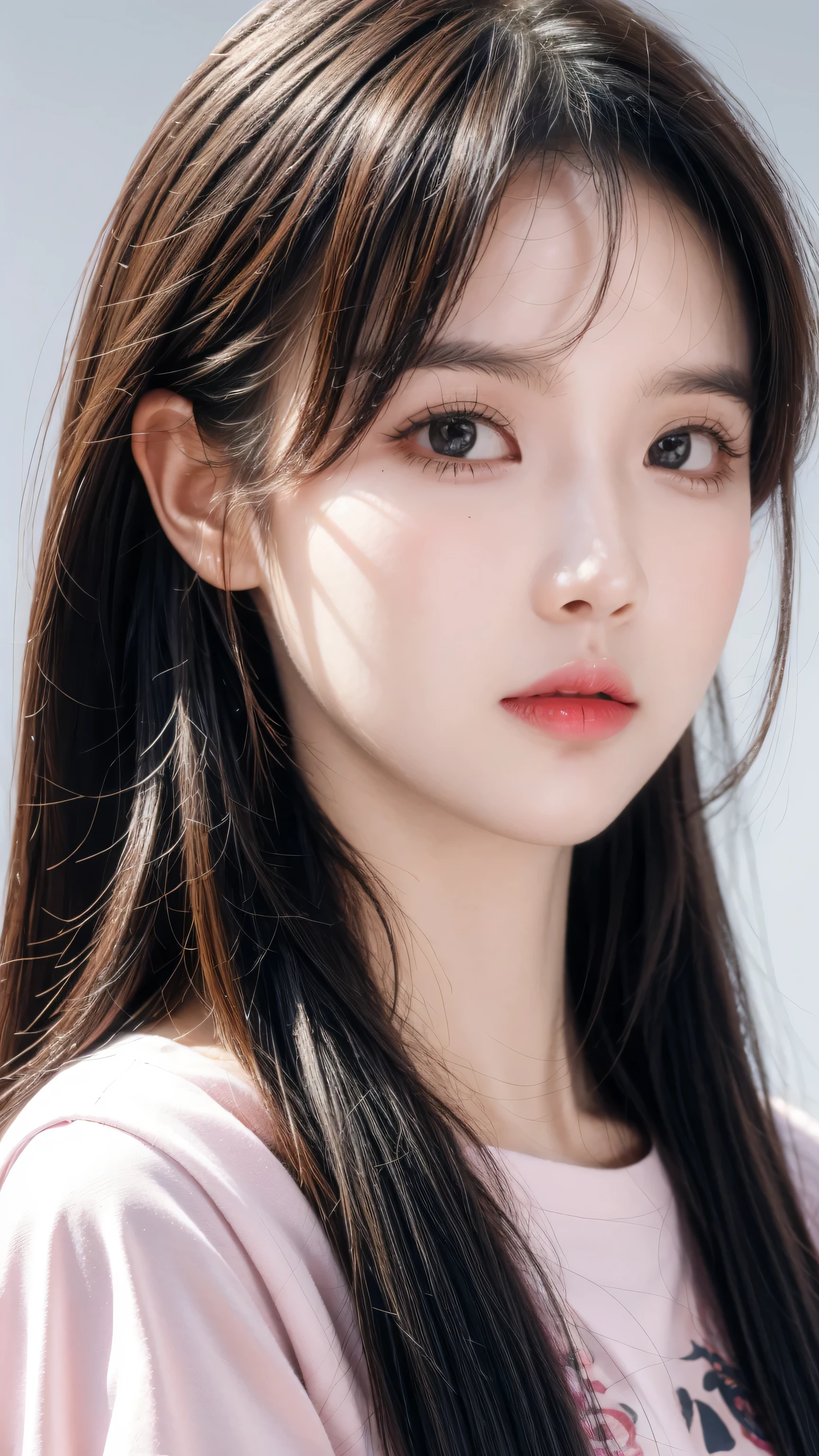(masterpiece),(best quality:1.1),(Super detailed),Best Illustration,Fine details,(portrait:1.1),(Strong close-up),Watercolor)floating,1 Girl,Solitary,13 years old,Slim,(Extremely exquisite and beautiful face),(Detailed pink eyes),Thick pink lips,(Messy hair),(Wearing loose T-shirts),weak,(Simple background:1.2)The whole colorful background,Clear,4K
