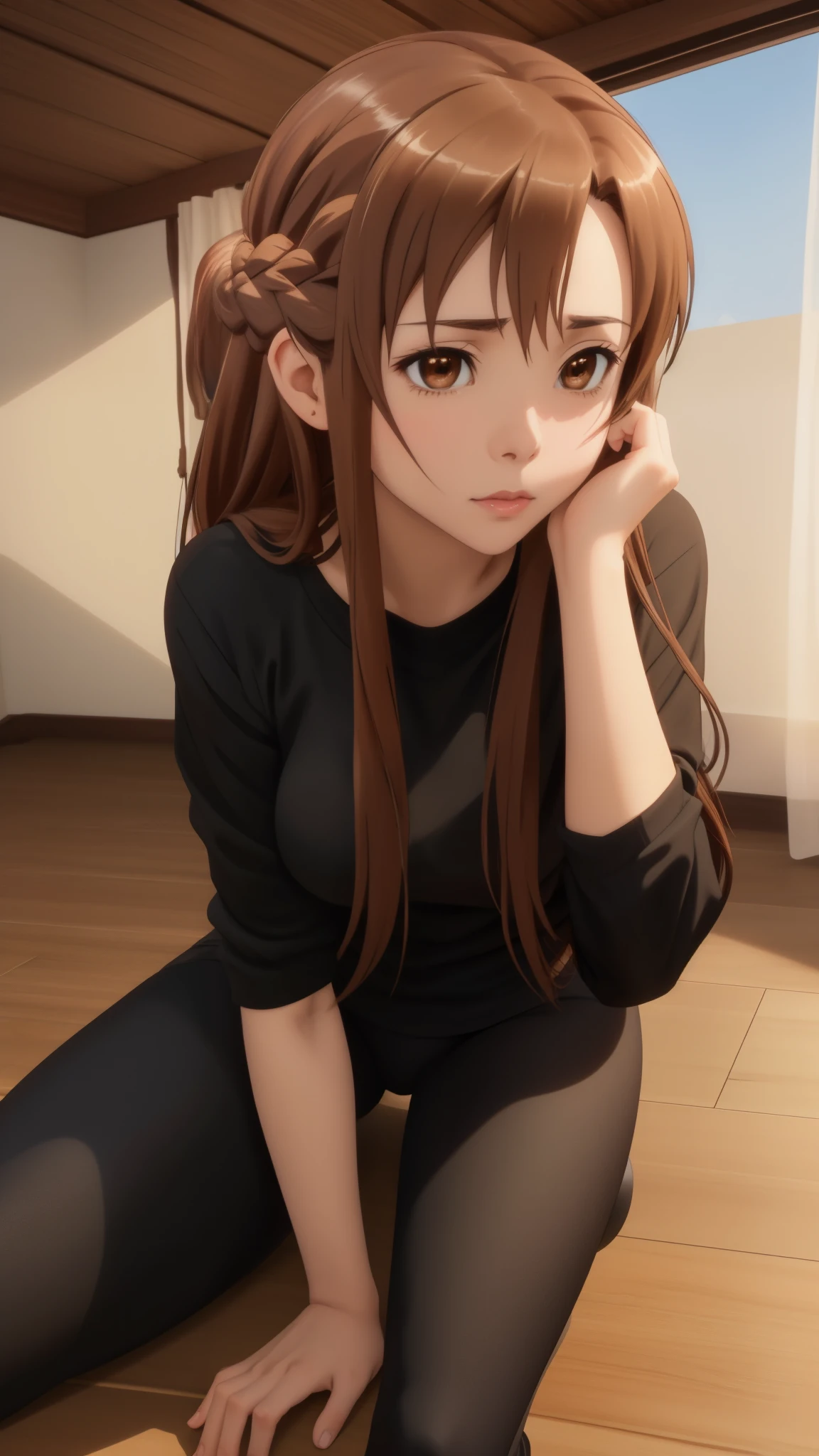 black yoga pants legging closeup ,Yuuki Asuna, Brown hair, Brown eyes, medium breasts, Long hair, braid well drawn hands almost sat on me spread open