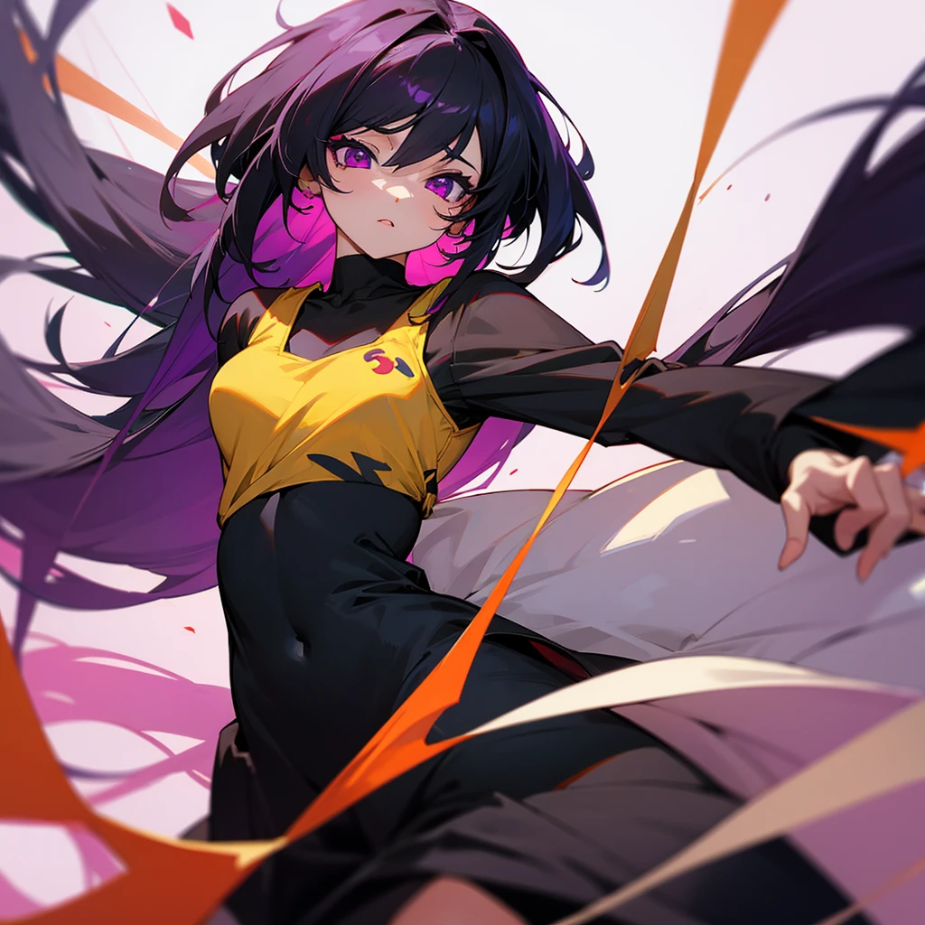 Chica anime de cabello negro con ojos amarillos, ropa de color morada.