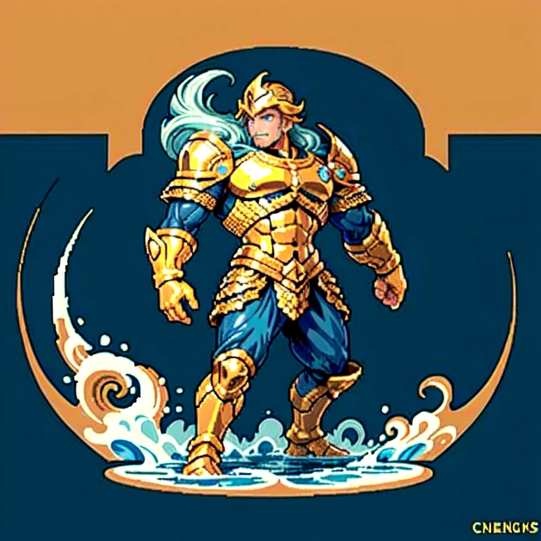 (masterpiece, top quality, best quality), pixel,pixel art,1man,golden and blue armor,poseidon,sea wave,punch power,full body,