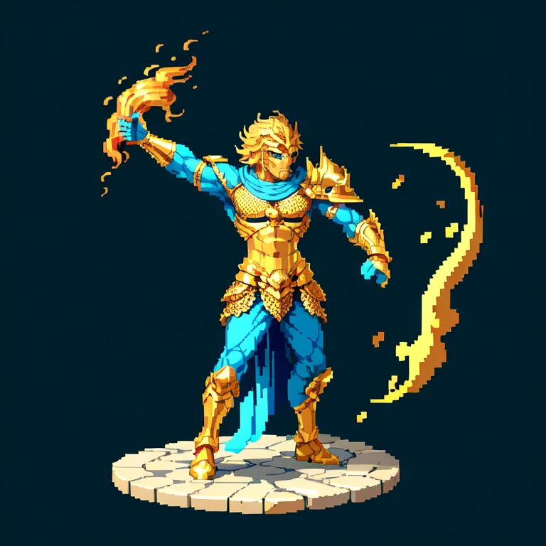 (masterpiece, top quality, best quality), pixel,pixel art,1man,golden and blue armor,poseidon,sea wave,punch power,full body,