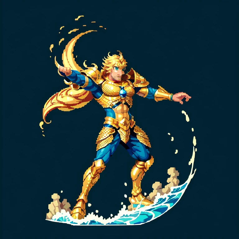 (masterpiece, top quality, best quality), pixel,pixel art,1man,golden and blue armor,poseidon,sea wave,punch power,full body, 
 