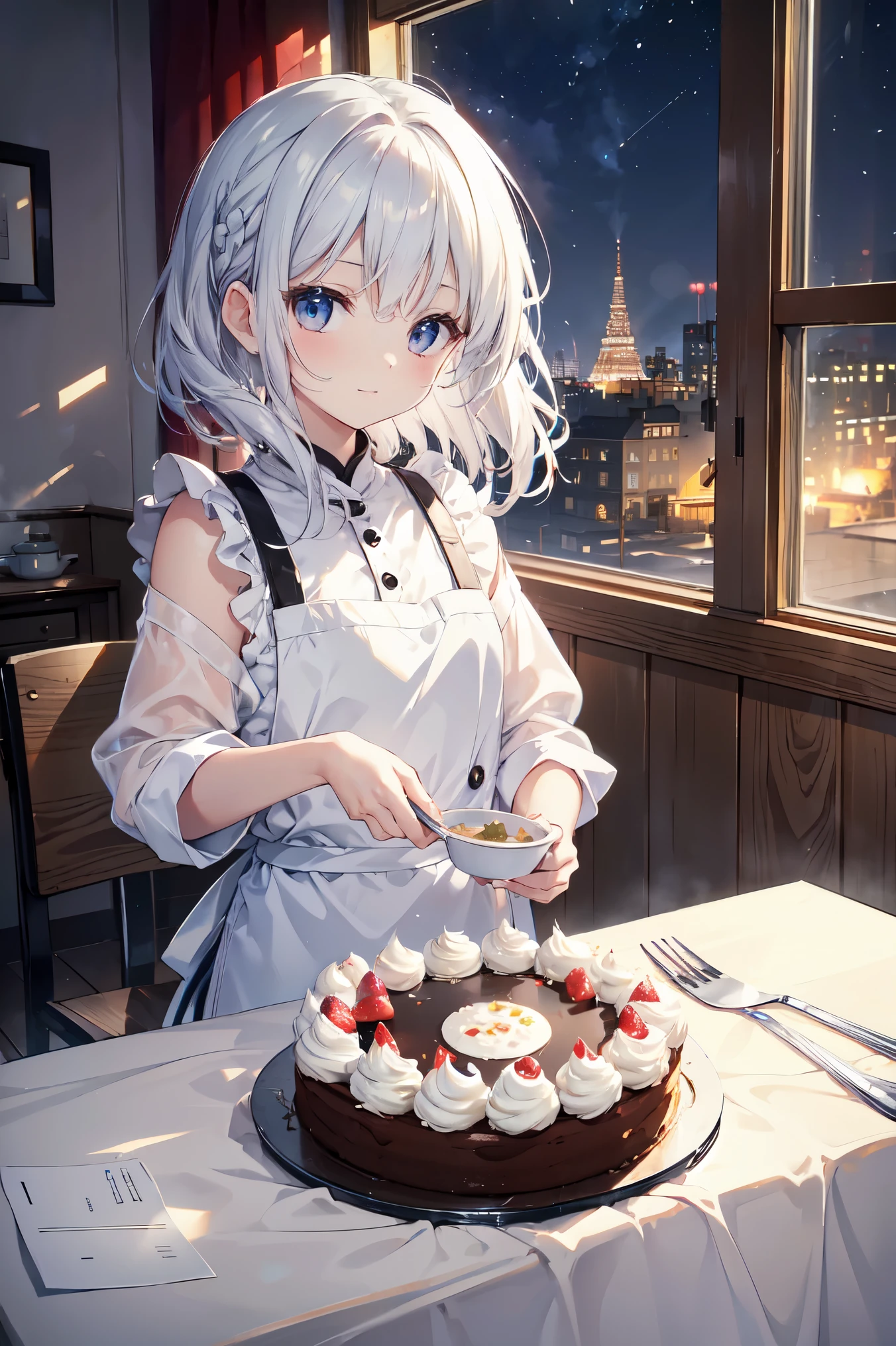 (Tabletop, highest quality:1.2), One Girl, alone, cute, cute, ????? in apron、Digital Art、Aimee、(length, beautiful,Silver Hair.Blowing in the Wind)、Christmas Background、look: kitchen、Make a dish(Cake making)、Bright room, Confident expression 、Glowing Skin、Small Face Beauty,High Angle Lens、Perfect composition、Perfect light and shadow delicacy、8k