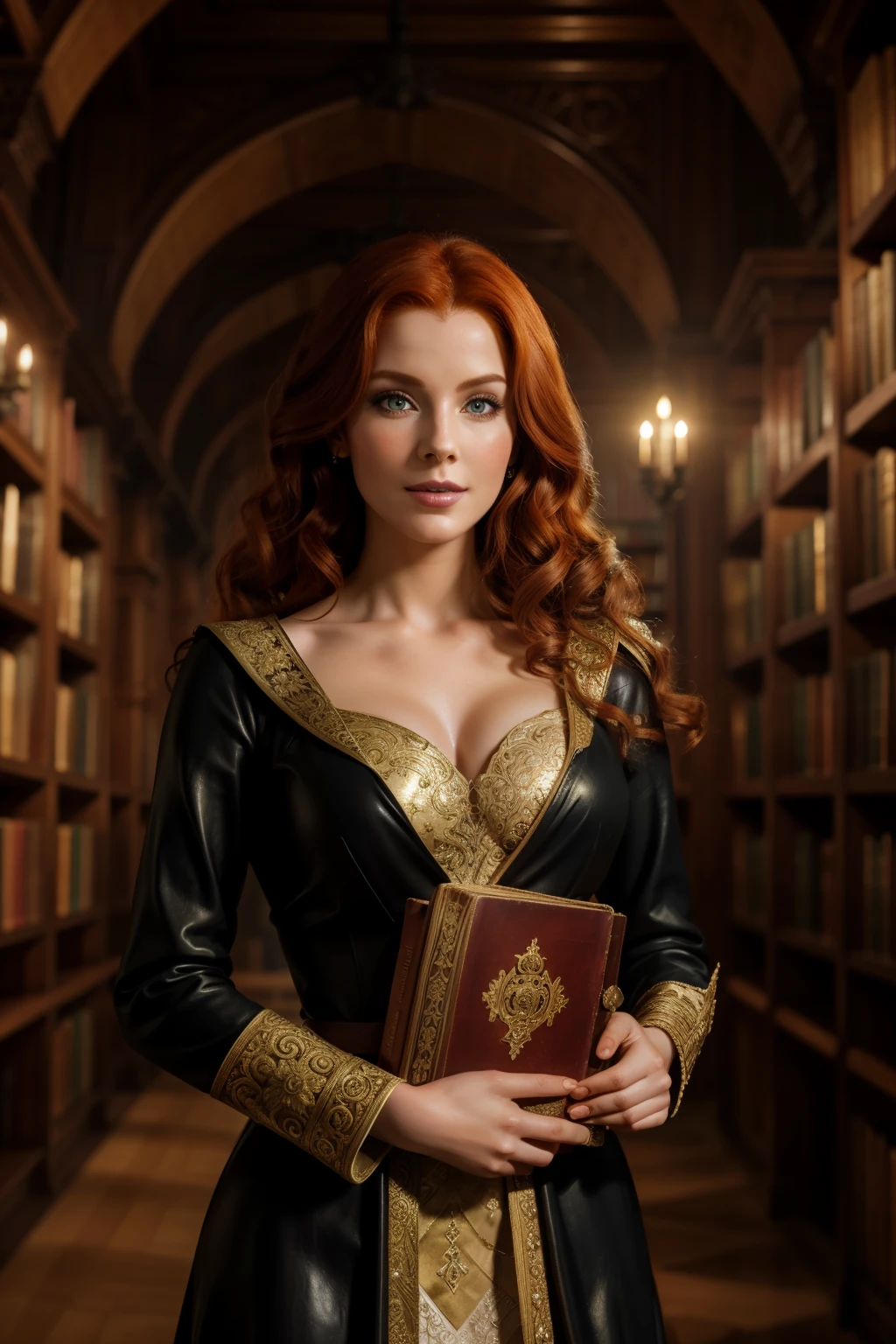 A captivating 4k quality image of Triss Merigold, the enchanting sorceress, emerging from the depths of an ancient, quite vintage library. With a regal demeanor, she steps out from the inside of the library, wearing a long, lavish royal dress adorned with intricate embroidery and sparkling jewels. The strobelight casts an ethereal glow upon her, illuminating her big expressive eyes and cascading ginger curls. The background is a blend of antiquated books and worn leather-bound tomes, evoking a sense of mystery and intrigue in this 8k masterpiece.
