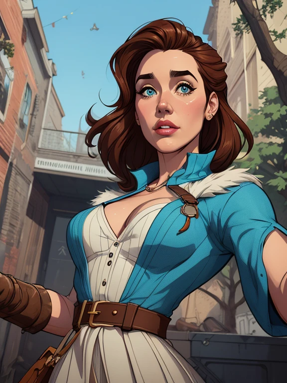 Personagem mulher estilo atompunk Fallout 4 Jennifer Connelly le com marcas de guerras Imagem de desenho animado de uma mulher .Ilustra??o estilo desenho animado, estilo de arte dos desenhos animados, estilo de arte dos desenhos animados, digital illustration style, estilo atompunk design de personagens altamente detalhado, arte digital detalhada coragem, Forest fan art, Design de personagens de retrato, beautiful digital illustration, retrato de alta qualidade, Arte em quadrinhos, mulher jovem cabelo com transas lindas . Queen Anna of ArendelleBeautiful lined eyes Medium large bust and wonderful sexy clothes. image expression of sexual desire from waist to head illustration Queen Anne of Arendelle atompunk style Fallout 4 The perspective is from below, enfatizando a majestade e o poder da Gigante."