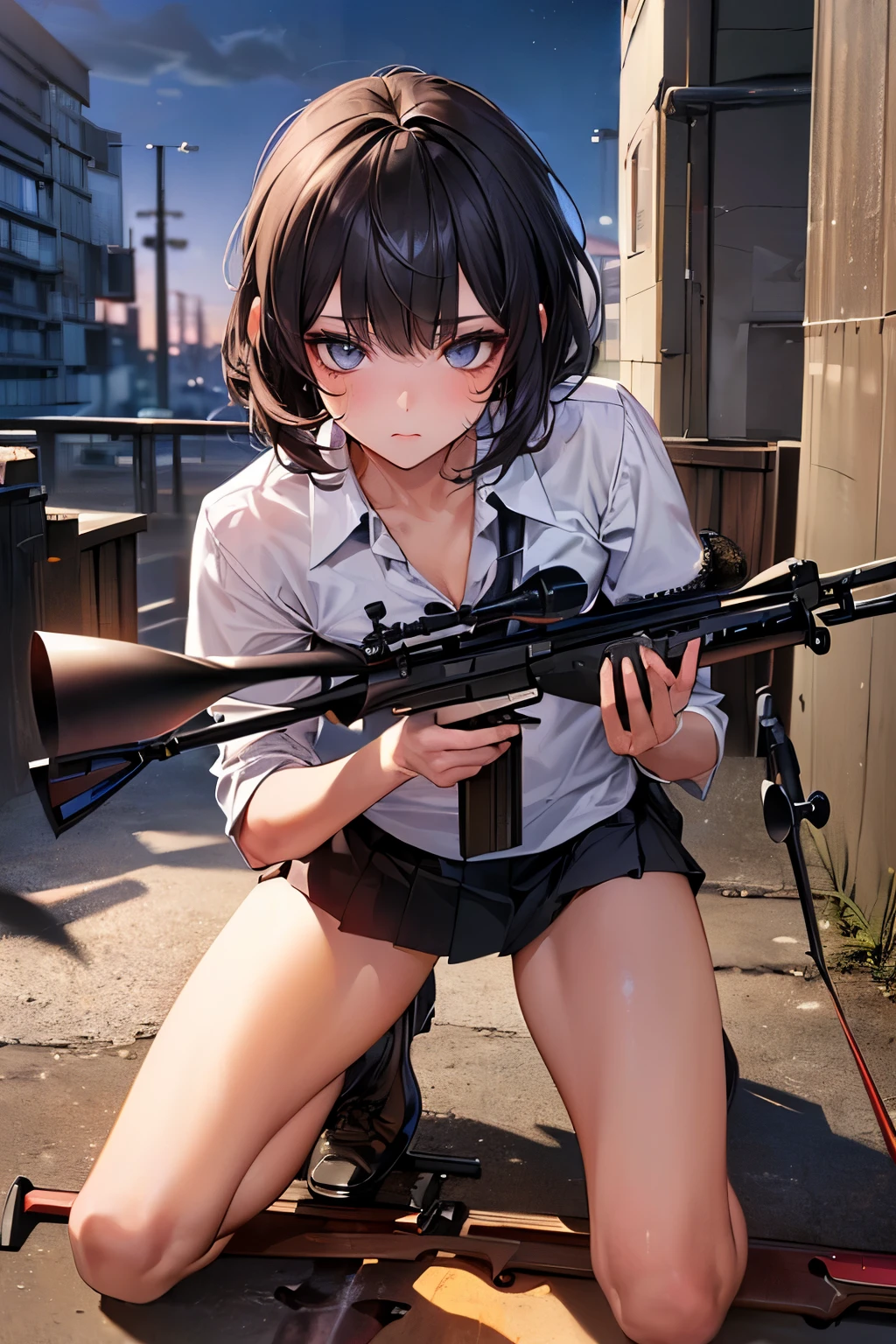 (((Accurate and detailed depiction of a sniper rifle:1.7))),(((perfect anatomy:1.4,realistic:1.4,RAW Photography:1.4,masterpiece、highest quality、Ultra - High resolution、High resolution、Highly detailed CG、8K))),cowboy shot,1 female,solo、18 year old beauty,Japanese,((beautiful detailed face and eyes:1.3,big gorgeous eyes:1.3,gray eyes)),black hair,short bob hair,blunt bangs,blush,(medium breasts,slender body,small head:1.3,skinny),(gleaming skin:1.4,oily skin,shiny skin),(White collared shirt、Pleated black mini skirt)、((Look into the sight:1.5,holding 1 automatic rifle:1.5,shooting:1.5))、Gun sniper stance:1.5、kneeling,High-rise building rooftop、at night、moonlight,