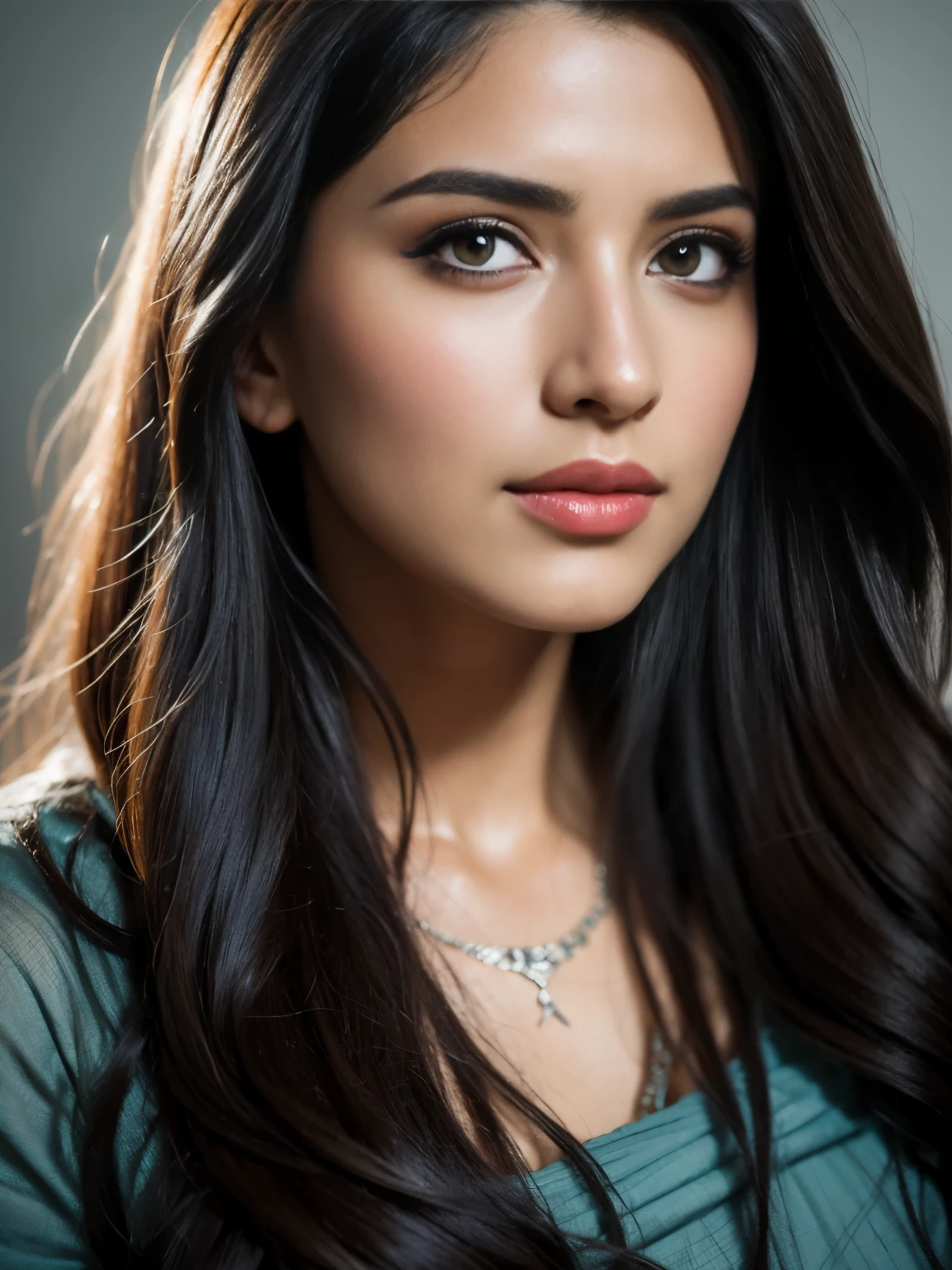 20 years old, Portrait of A confident-looking indian girl long flowing hair, (facing,90 degree to camera, looking at camera) hazel and brown big eyes, sitting on sofa, close up face, beautiful detailed nose, sexy detailed lips, (detailed skin texture), bokeh, perfect composition, hyperrealistic, super detailed, 8k, high quality, trending art, trending on artstation, sharp focus, studio photo, intricate details, highly detailed, art by greg rutkowski, full face visible,