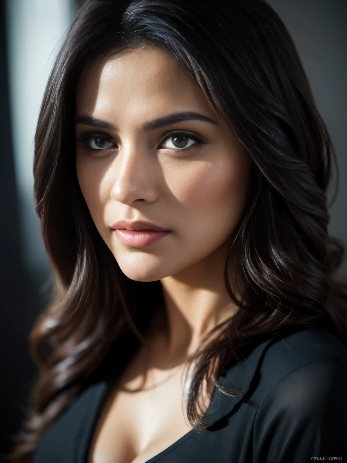 20 years old, Portrait of A confident-looking indian girl long flowing hair, (facing,90 degree to camera, looking at camera) hazel and brown big eyes, sitting on sofa, close up face, beautiful detailed nose, sexy detailed lips, (detailed skin texture), bokeh, perfect composition, hyperrealistic, super detailed, 8k, high quality, trending art, trending on artstation, sharp focus, studio photo, intricate details, highly detailed, art by greg rutkowski, full face visible,
