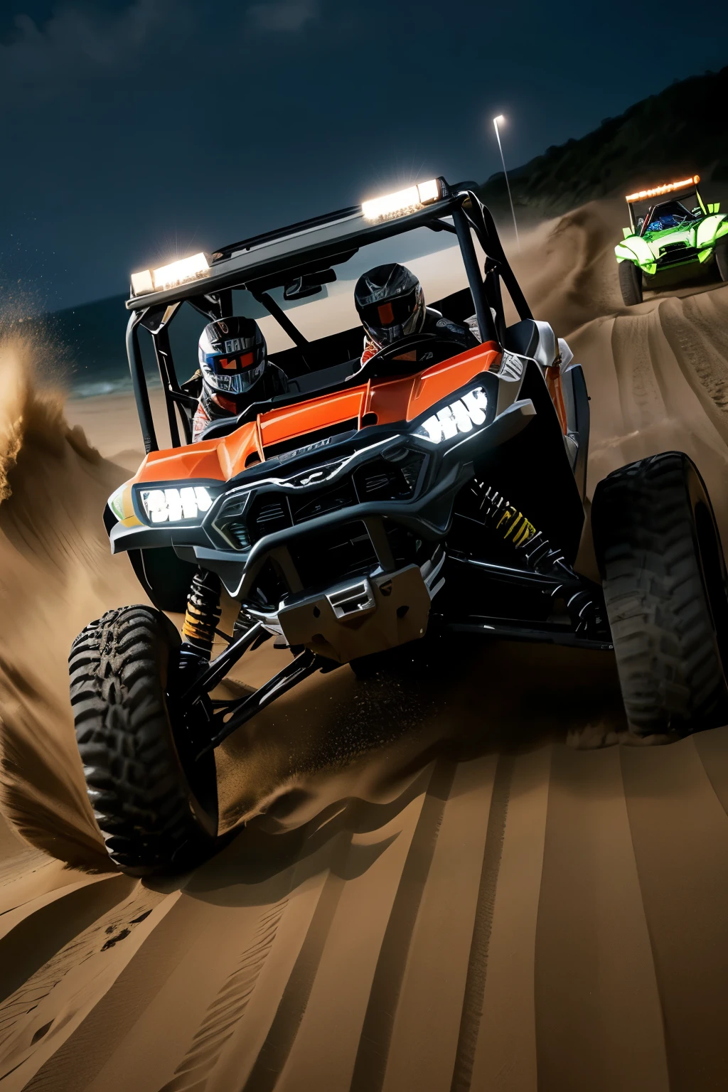 ((best quality)), ((masterpiece)), (detailed), ultra realistic action photography, a close up of a person driving a black utv in the beach with water in background at night, buggy, MAVERICK X3 X RC TURBO RR 72, dune, mixed art, racing dune buggy with light bar on roof lit up, photos, sand, dynamic angled shot, high speed action, off - road, intense look, video, vehicle, dynamic action shot, off-roading, action shot,