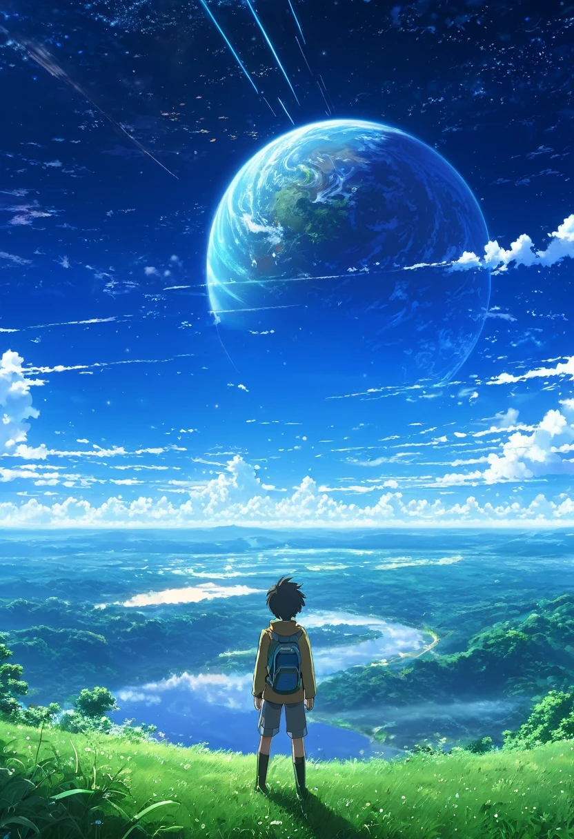 anime - style scene of a beautiful sky with a star and a planet, cosmic skies. With boy standing and seeing sky. Nature by makoto shinkai, anime art wallpaper 4k, anime art wallpaper 4 k, anime art wallpaper 8 k, anime wallpaper 4k, anime wallpaper 4 k, 4k anime wallpaper, anime sky, amazing wallpaper, anime background, heaven planet in background, anime background art