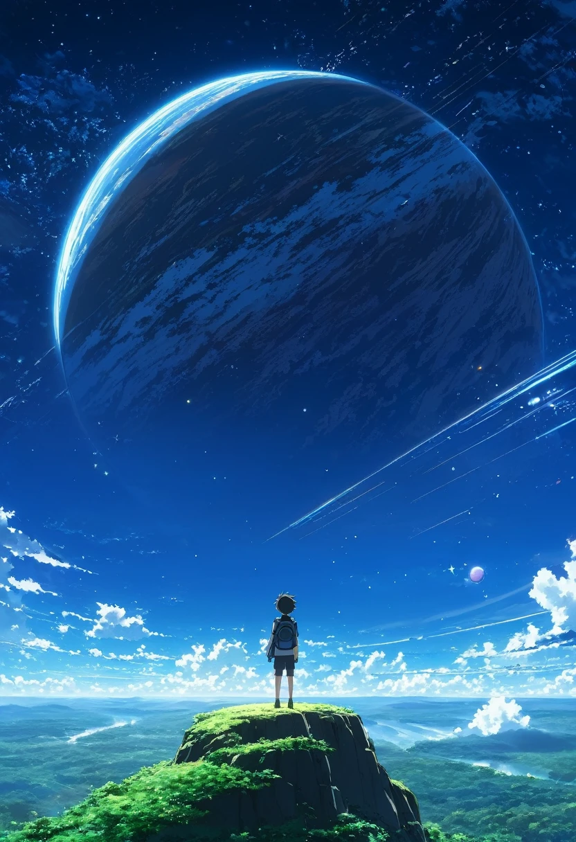 anime - style scene of a beautiful sky with a star and a planet, cosmic skies. With boy standing and seeing sky. Nature by makoto shinkai, anime art wallpaper 4k, anime art wallpaper 4 k, anime art wallpaper 8 k, anime wallpaper 4k, anime wallpaper 4 k, 4k anime wallpaper, anime sky, amazing wallpaper, anime background, heaven planet in background, anime background art