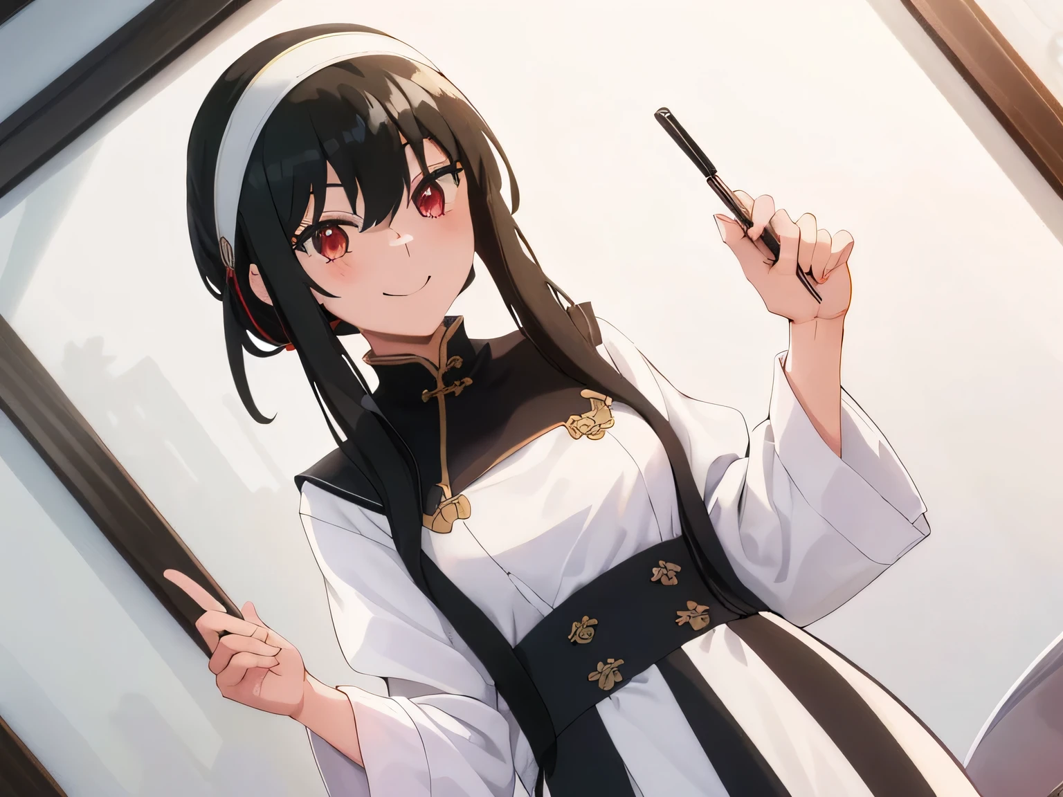 upper b○dy, y○r, One girl, s○l○,c○llarb○ne, Black Hair, Red eyes, Black Hair, sh○rt hair, sh○rt hair with l○ng l○cks, bangs, sidel○cks, White hair band, l○○king at viewer, :○, simple backgr○und, ((masterpiece, highest quality:1.2)), (Very detailed:1.2), Very detailedCG,8k,sch○○l,ind○○rs,smile,China served,China