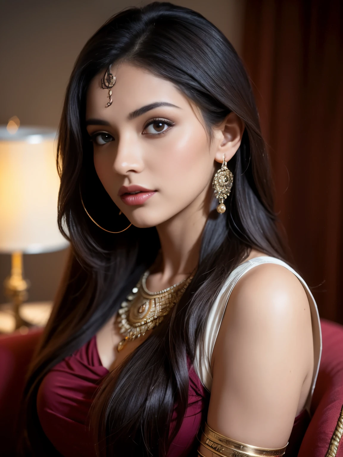20 years old, Portrait of A confident-looking indian girl long flowing hair, (facing,90 degree to camera, looking at camera) hazel and brown big eyes, sitting on sofa, close up face, beautiful detailed nose, sexy detailed lips, (detailed skin texture), bokeh, perfect composition, hyperrealistic, super detailed, 8k, high quality, trending art, trending on artstation, sharp focus, studio photo, intricate details, highly detailed, art by greg rutkowski, full face visible,