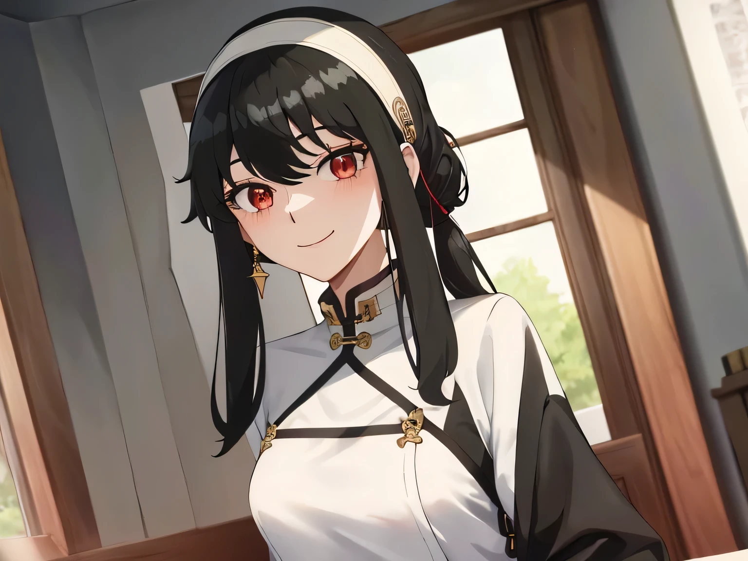 upper b○dy, y○r, One girl, s○l○,c○llarb○ne, Black Hair, Red eyes, Black Hair, sh○rt hair, sh○rt hair with l○ng l○cks, bangs, sidel○cks, White hair band, l○○king at viewer, :○, simple backgr○und, ((masterpiece, highest quality:1.2)), (Very detailed:1.2), Very detailedCG,8k,sch○○l,ind○○rs,smile,China served,China
