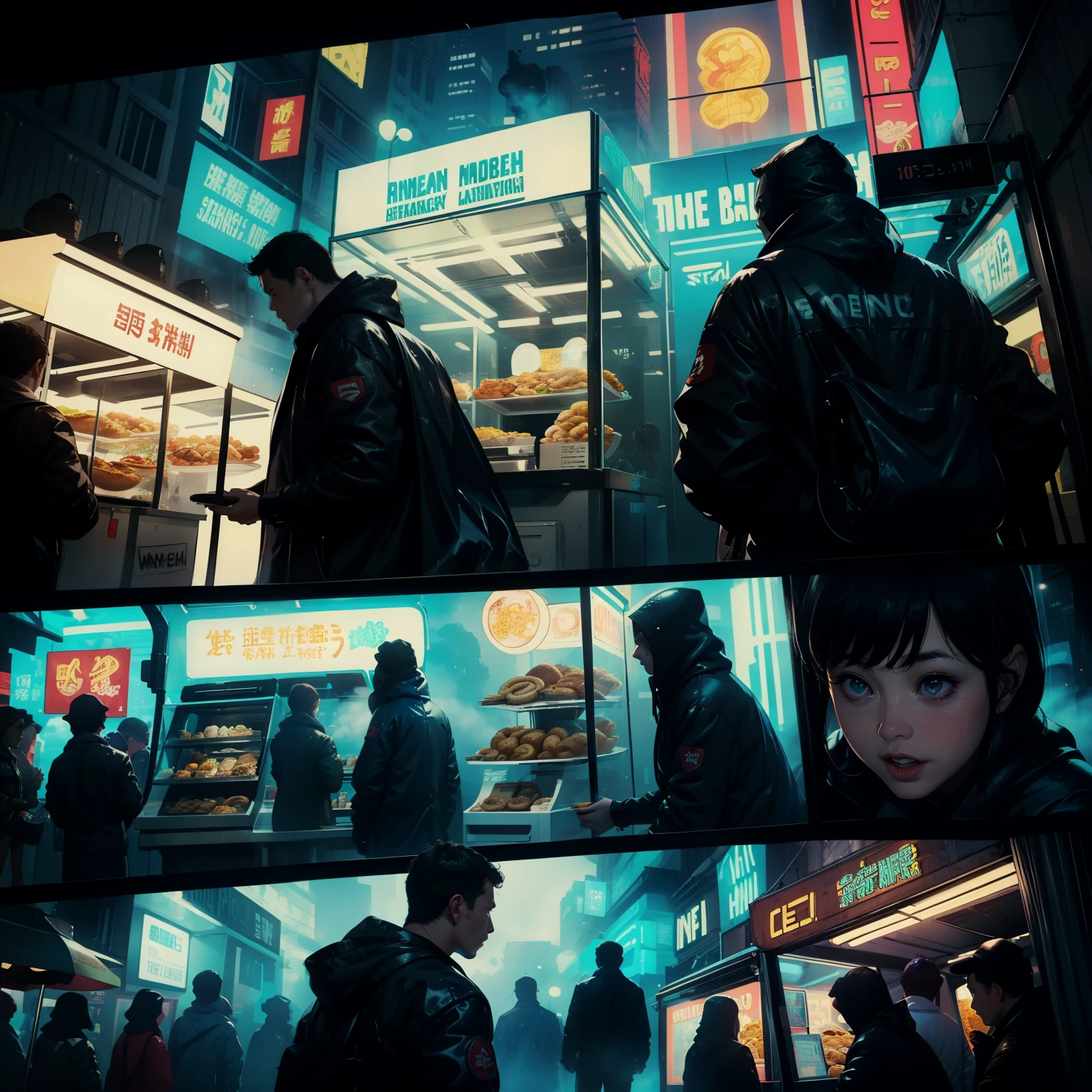 ((highest quality)), ((masterpiece)), (be familiar with), (High definition), (Accurate), (Realistic), (Cinematic), (Best Shadow), (Low contrast), (8K), Perfect Face, ((SYD MEAD style)), manga、mangaデザイン、Storyboard、Frame division、((1. A girl is eating udon))、(Replicant), ((Black Hair, very short hair, Blue Eyes)), (Black hooded raincoat)、((Udonya food stall))、Glittering neon signs、congestion, congestion, Decadent Future City, NEO TOKYO, A.D.2051, (steam:1.2), It's raining white, evening, (Close-up of face)