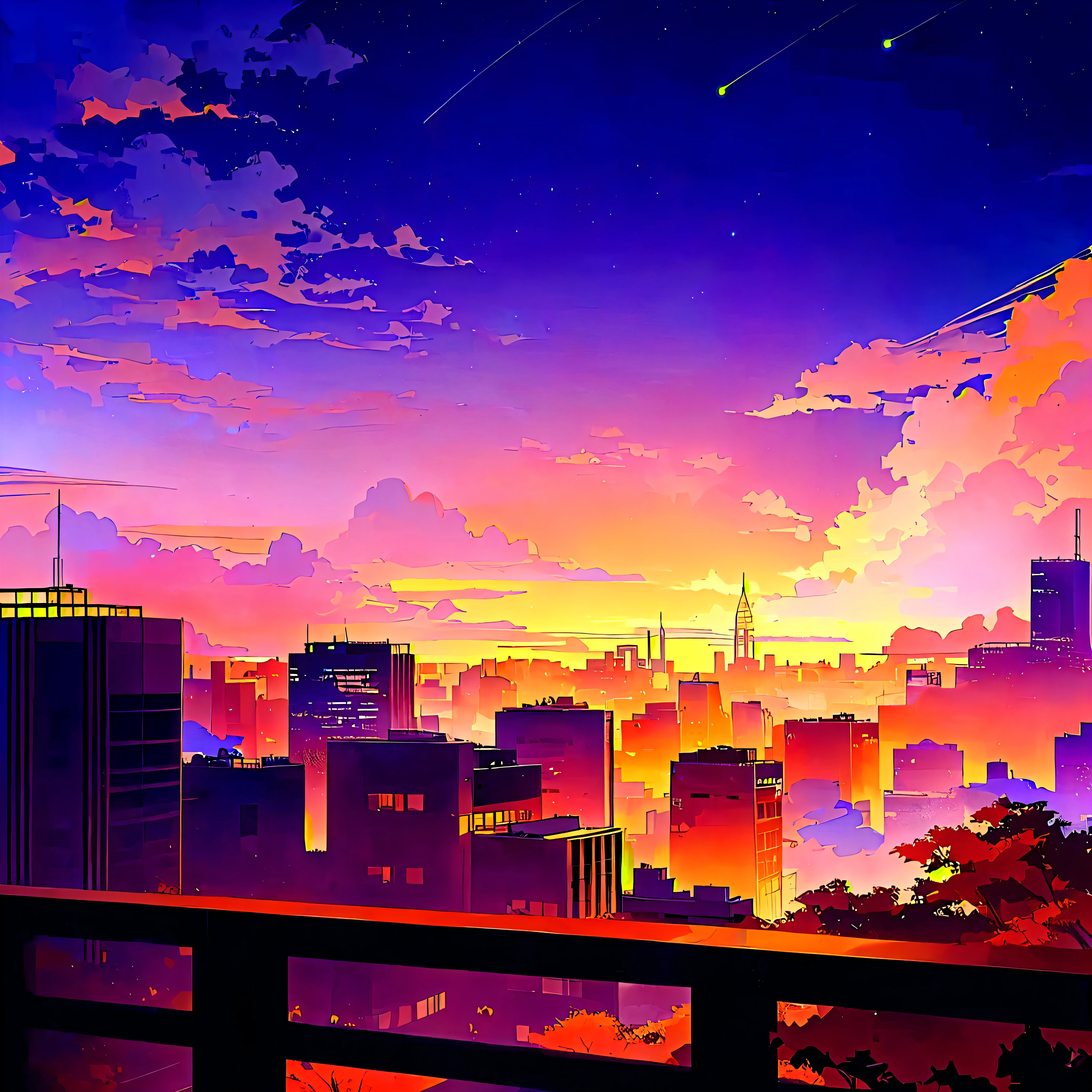 8K、detail、Sky clouds depiction、Fall day，Star（Sky），landscape，Starry Sky，Sunset，Night Sky，outdoor，architecture，Clouds，Galaxy，City，Silhouette，Cityscape ，Colorful，orange、fall ,Fall, ((Fall)). number, atmosphere. number,, Fall!, twilight ; number, Cityscape, fast, Fall , Cityscape in the distance, Sky