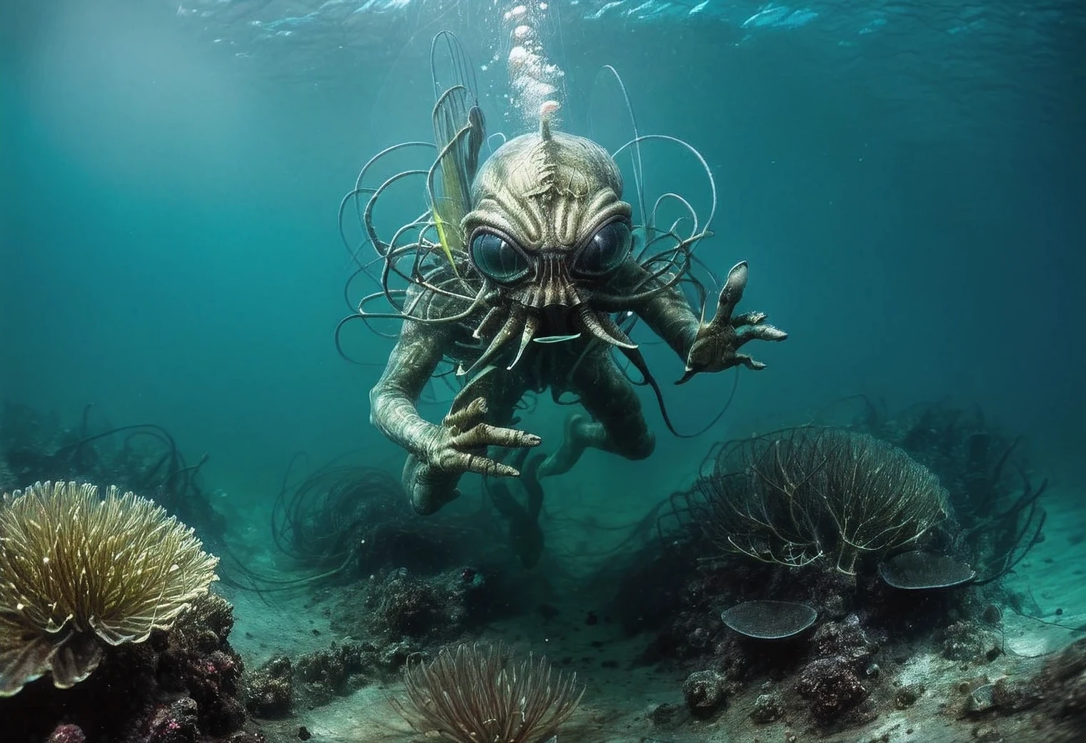 (POV):1.5055, (own hands):1.303, (underwater diving on an alien unknown planet):1.4, diving, (previously unseen and unknown algae and corals of the alien ocean):1.6245, difficult, detailed, science fiction, biological fiction, ufology, unknown species of flora and fauna, documentary, (first person view)1.5, (very beautiful):1.7