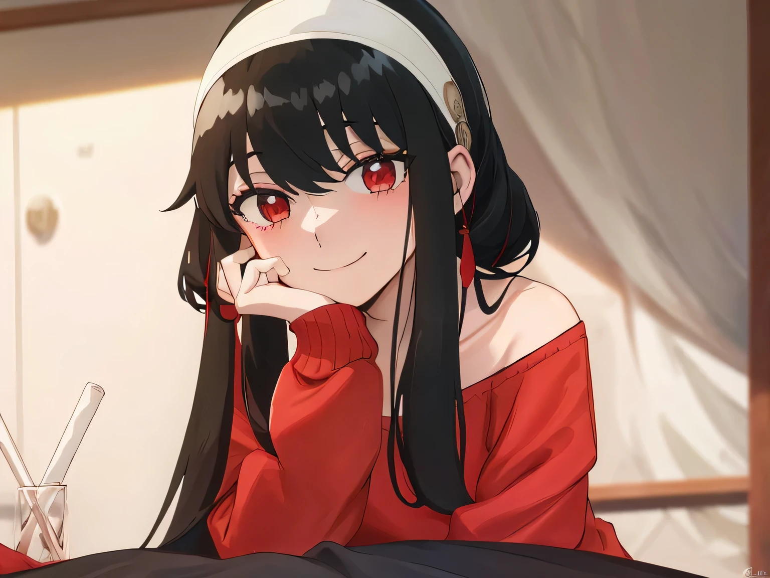 ((Highest quality、Best image quality、Ultra-high resolution、Ultra-high resolutionで描画、alone、Look closely at the camera、Bright red eyes、Very beautiful adult woman、非常に精細なBeautiful Face、very fine and beautiful eyes、Innocence、Beautiful gesture、disappointing、シンメトリーのBeautiful Face))、1 Girl、Realistic、Written boundary depth、Natural soft light、Daytime、charm、Beautiful Face、Cleanliness、Pure Face、Shiny skin、Black Hair、Beach、Light of the sun、Center of chest、Ezvian Everywhere、((Red sweater、Roll up your sleeves and stick your arms out、high school girl、Golden RatioのBeautiful Face、Golden Ratio、very beautiful big breasts、Beautiful and very large breasts、I opened my chest、Show to the audience、Expose your hips、Expose your shoulders、Lean forward to show your breasts))、Long neck、Listen carefully、Neat long hair with bangs、Perfect Fingers、Perfect hands、Perfect body、Perfect Face、Shine a light into your eyes、Perfect Anatomy、Tall Supermodels、Long-legged supermodel、Long neck、Broad shoulders、stand、Bust seen from slightly above、Bright windowsill background、Smile at the audience、Laughter、smile、Today is a very big、Beautiful Teeth、Beautiful Teeth alignment、Open your chest wide、Beautiful neckline、Very beautiful and sexy woman in revealing clothes、Keep an eye on your audience、Look up at the viewer slightly above、Look up a little、Shadow Fade、Tilt your head、White hair band、Off the shoulder