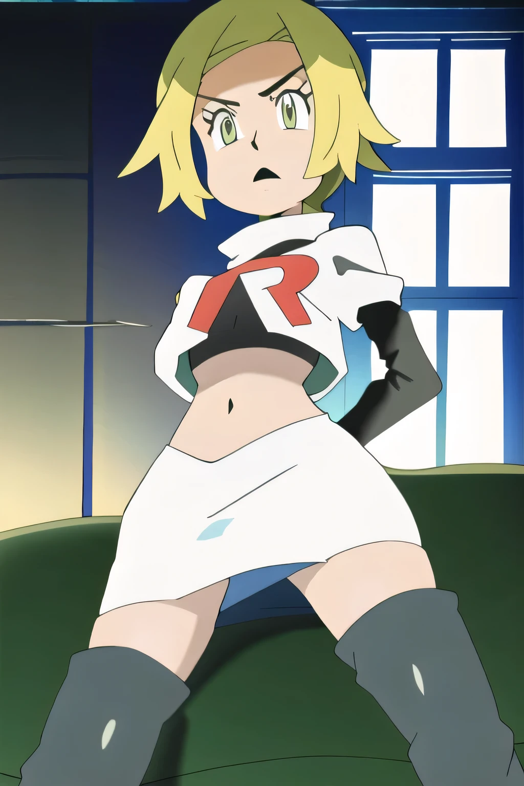 masterpiece,best quality,high res,high quality,8k, masterpiece,highres, team rocket uniform, red letter r, white skirt,white crop top,black thigh-high boots, black elbow gloves, glaring angrily, looking down at viewer, hands on hips, cowboy shot, zettai ryouiki,spread legs,from below, black panties,anime style, vivid colors, sharp focus, intense lighting,togahimiko