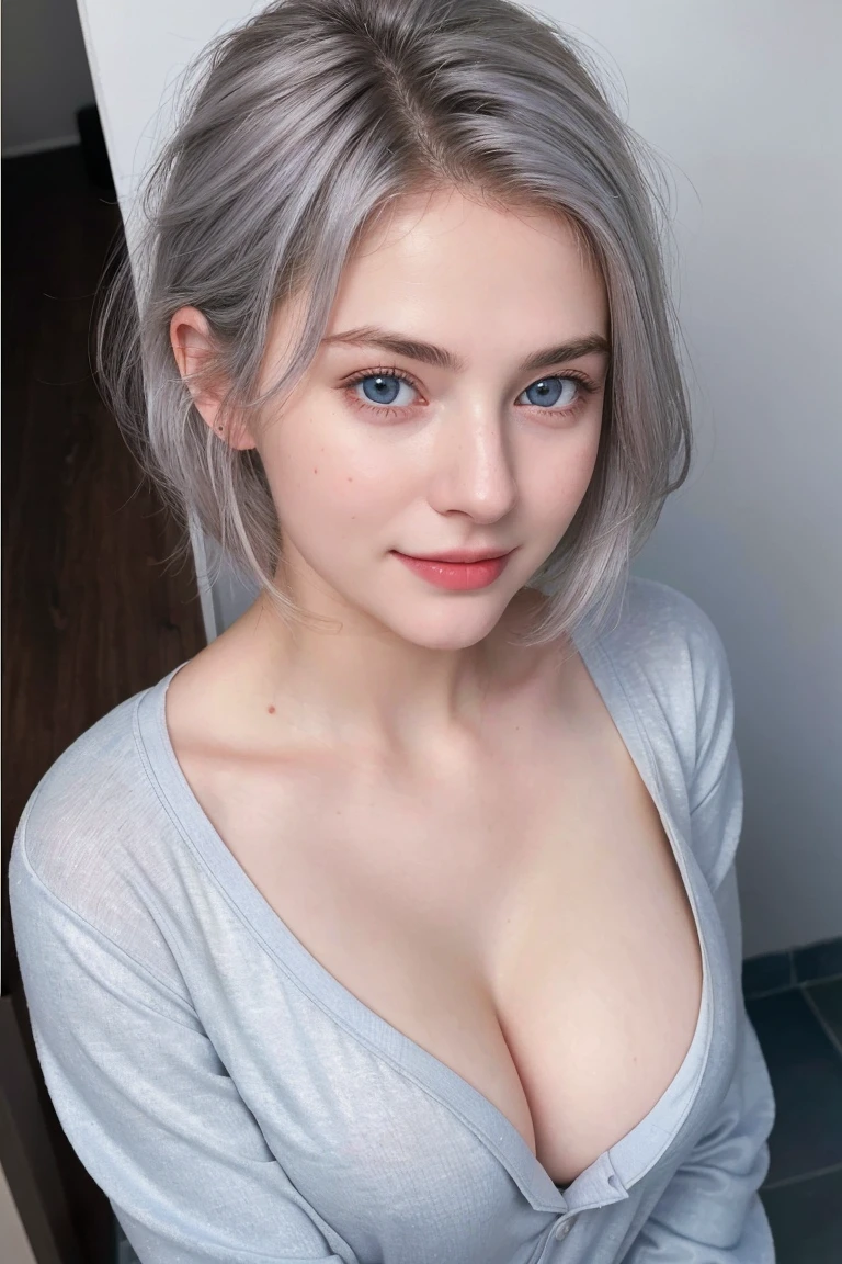 1 Girl, Beautiful, Baby Face, 20 Years Old, White Skin, , naked , Skinny, ,  , standing in The Bathroom,attractive , seductive, , , medium breasts, Grey Hair, , , ((adorable:1.1)), ((masterpiece:1.1)), Sleepy Cute Face, grey hair,silver messy hairstyle, blue eyes, attractive, seductive, dynamic angle, soft laughter, (Shoulder off outer pajamas),  (8k, RAW photo, best quality, masterpiece: 1.2), (realistic, realistic: 1.37),  ,(((masterpiece))),(best quality),solo, extremely detailed, detailed face,(full body:1.2), the portrait is centered,(close-up:1.4),upper body,(from above:1.4),(wide-angle lens:1.2), looking at viewer,