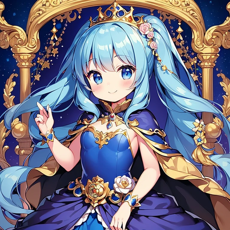 (kawaii),(best quality),(ultra detailed), upper body,(rococo style),(long train deep blue cape:1.15), very long cape,(long train deep blue ball gown with flower decorations:1.05), a girl is wearing a cape over her gown, 1 little princess, tiara, smile, very long hair, small breasts