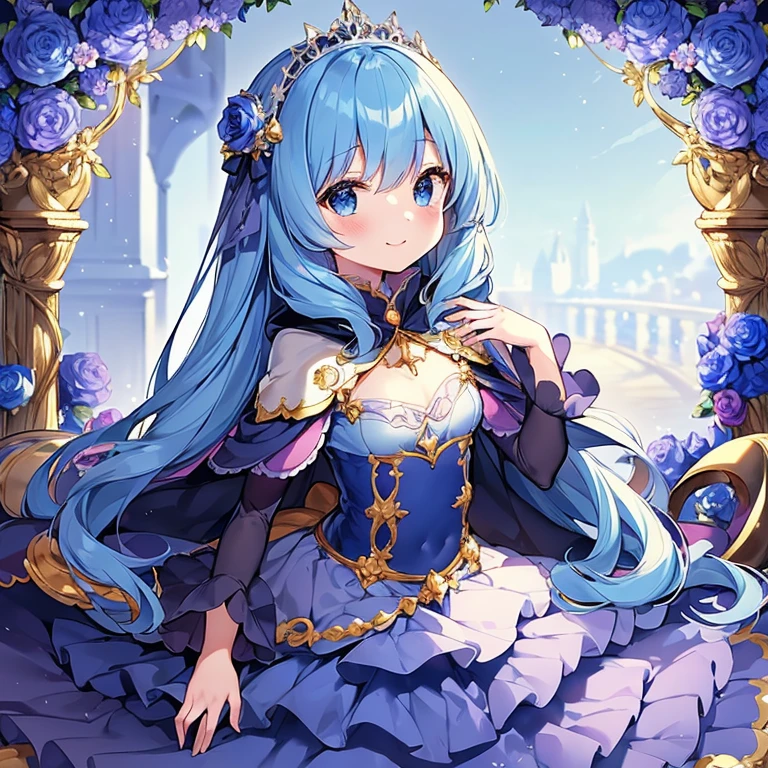 (kawaii),(best quality),(ultra detailed), upper body,(rococo style),(long train deep blue cape:1.15), very long cape,(long train deep blue ball gown with flower decorations:1.05), a girl is wearing a cape over her gown, 1  princess, tiara, smile, very long hair, small breasts