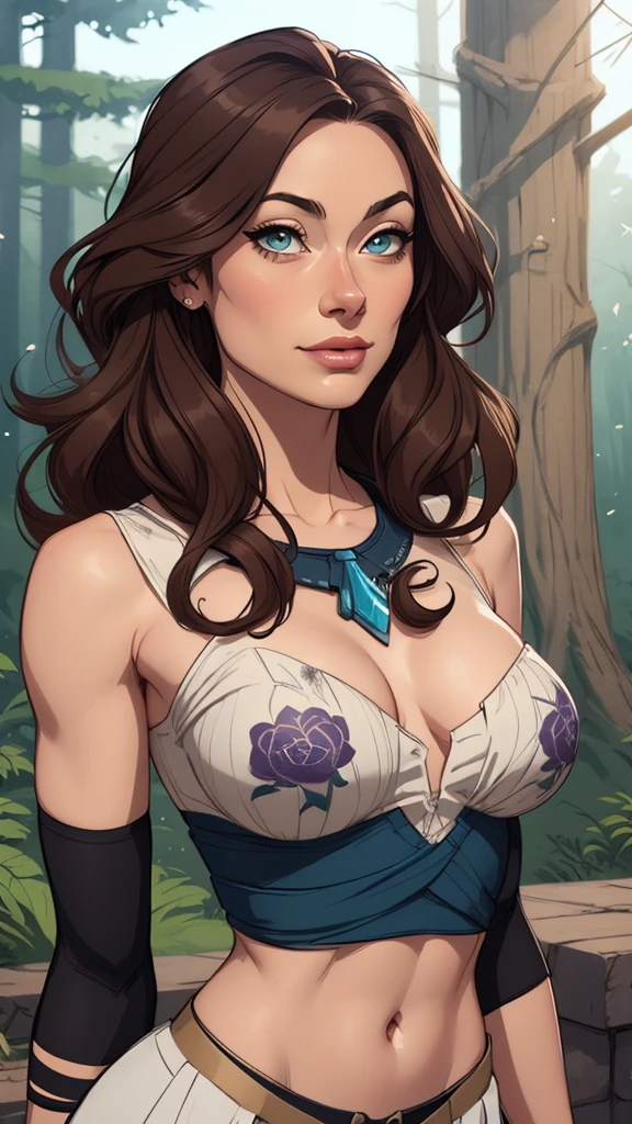 Woman style character beautiful breasts symmetrical medium breasts Fiona queen Anna of Arendelle with war marks Cartoon image of a woman .Ilustra??o estilo desenho animado, estilo de arte dos desenhos animados, estilo de arte dos desenhos animados, digital illustration style, estilo atompunk design de personagens altamente detalhado, arte digital detalhada coragem, Forest fan art, Design de personagens de retrato, beautiful digital illustration, retrato de alta qualidade, Arte em quadrinhos, mulher jovem cabelo com transas lindas . Queen Anna of ArendelleBeautiful lined eyes Medium large bust and wonderful sexy clothes. image expression of sexual desire from waist to head illustration Queen Anne of Arendelle atompunk style Fallout 4 style pose playboy magazine