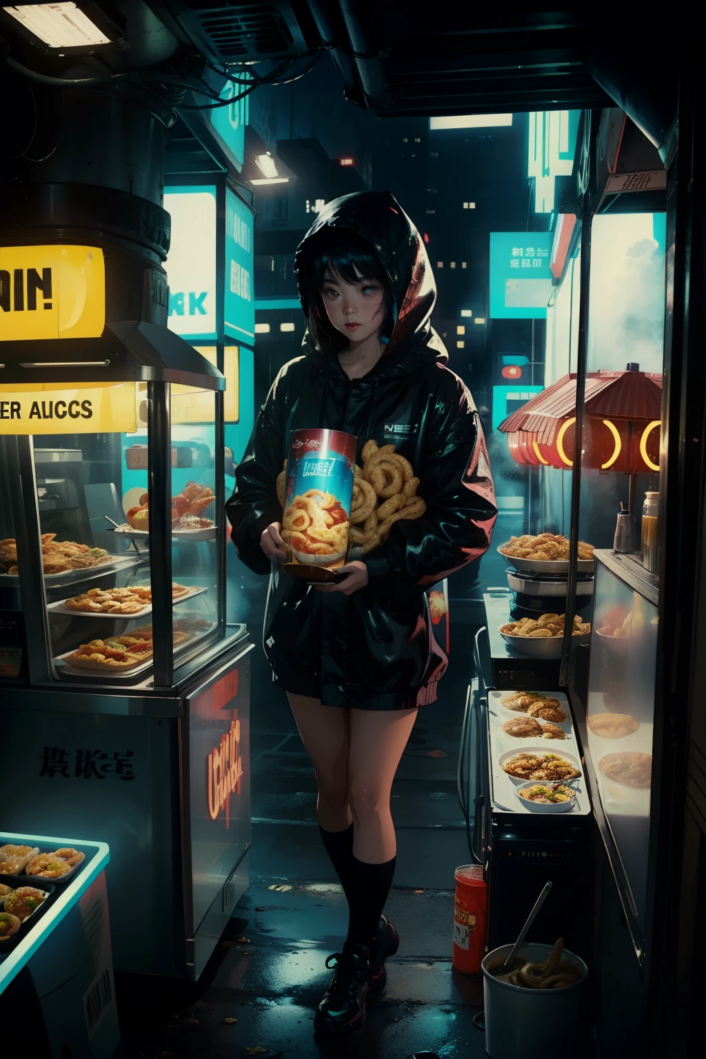 ((highest quality)), ((masterpiece)), (be familiar with), (High definition), (Accurate), (Realistic), (Cinematic), (Best Shadow), (Low contrast), (8K), Perfect Face, ((SYD MEAD style)), manga、mangaデザイン、Storyboard、Frame division、((1. A girl is eating udon))、(Replicant), ((Black Hair, very short hair, Blue Eyes)), (Black hooded raincoat)、((Udonya food stall))、Glittering neon signs、congestion, congestion, Decadent Future City, NEO TOKYO, A.D.2051, (steam:1.2), It's raining white, evening, (Close-up of face)