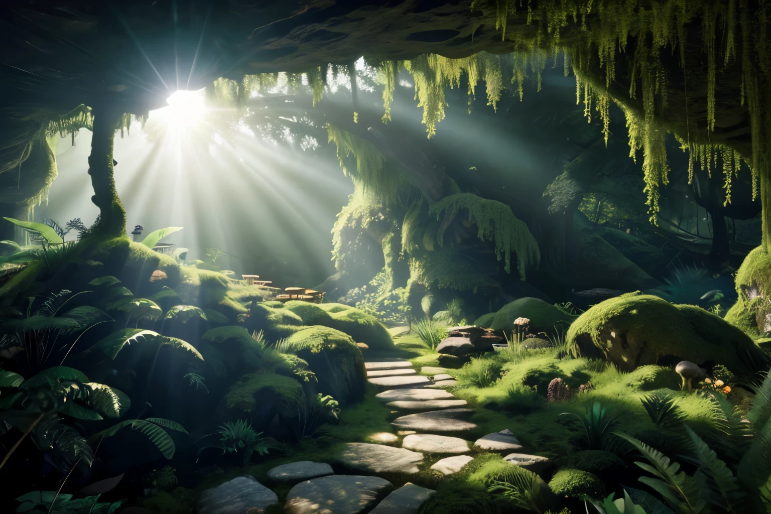 Strong light, Strong contrast, In an open-roofed cave、Sunlight shines through green moss and ferns。,  And open( Sea view:1.1) The bottom, Cel-shaded rendering, 4K,  360 degrees, Equirectangular projection, What, 